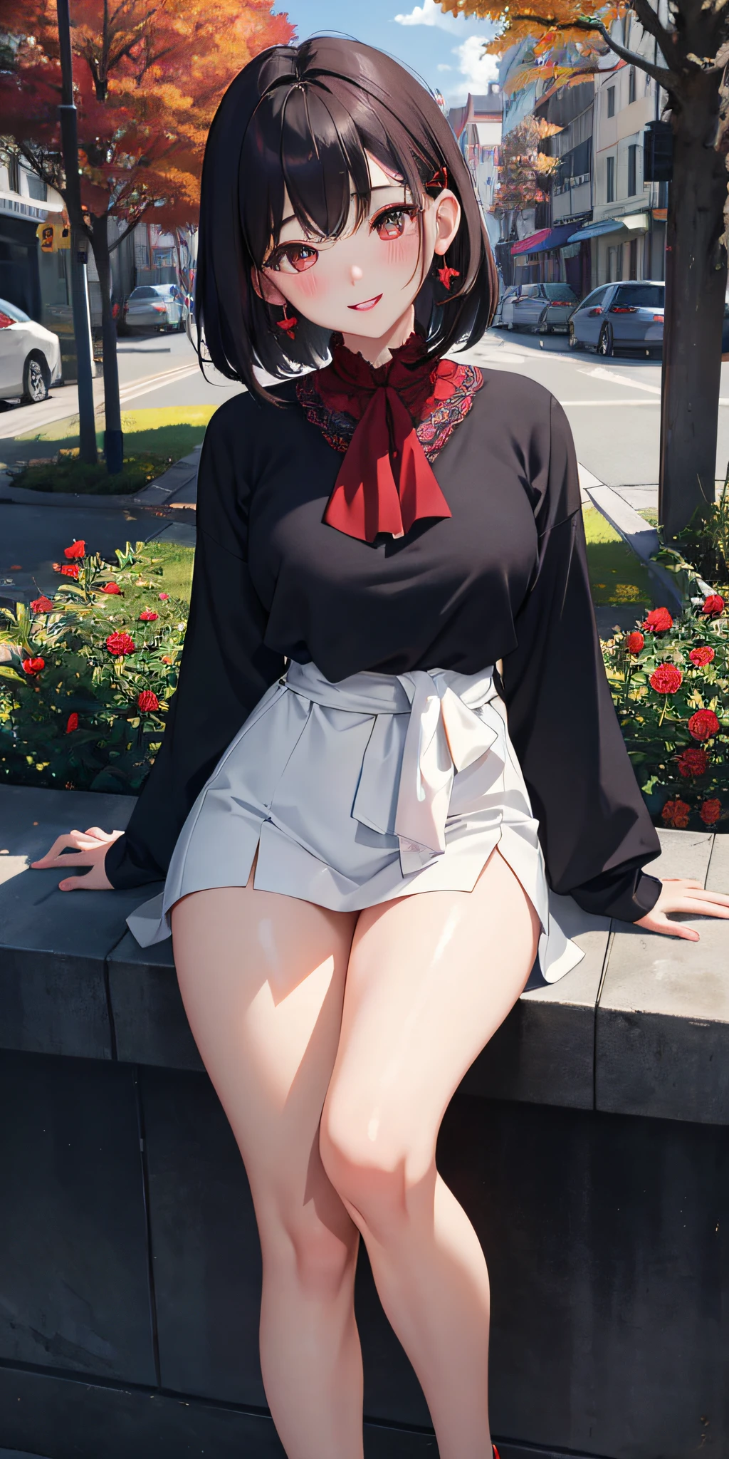 (masterpiece)、1人、Parted lips、red blush、makeups、beautiful smiling face、A dark-haired、bobhair、red eyes、knit、Suit OL、thighs thighs thighs thighs、Constricted waist、Calm autumn sky