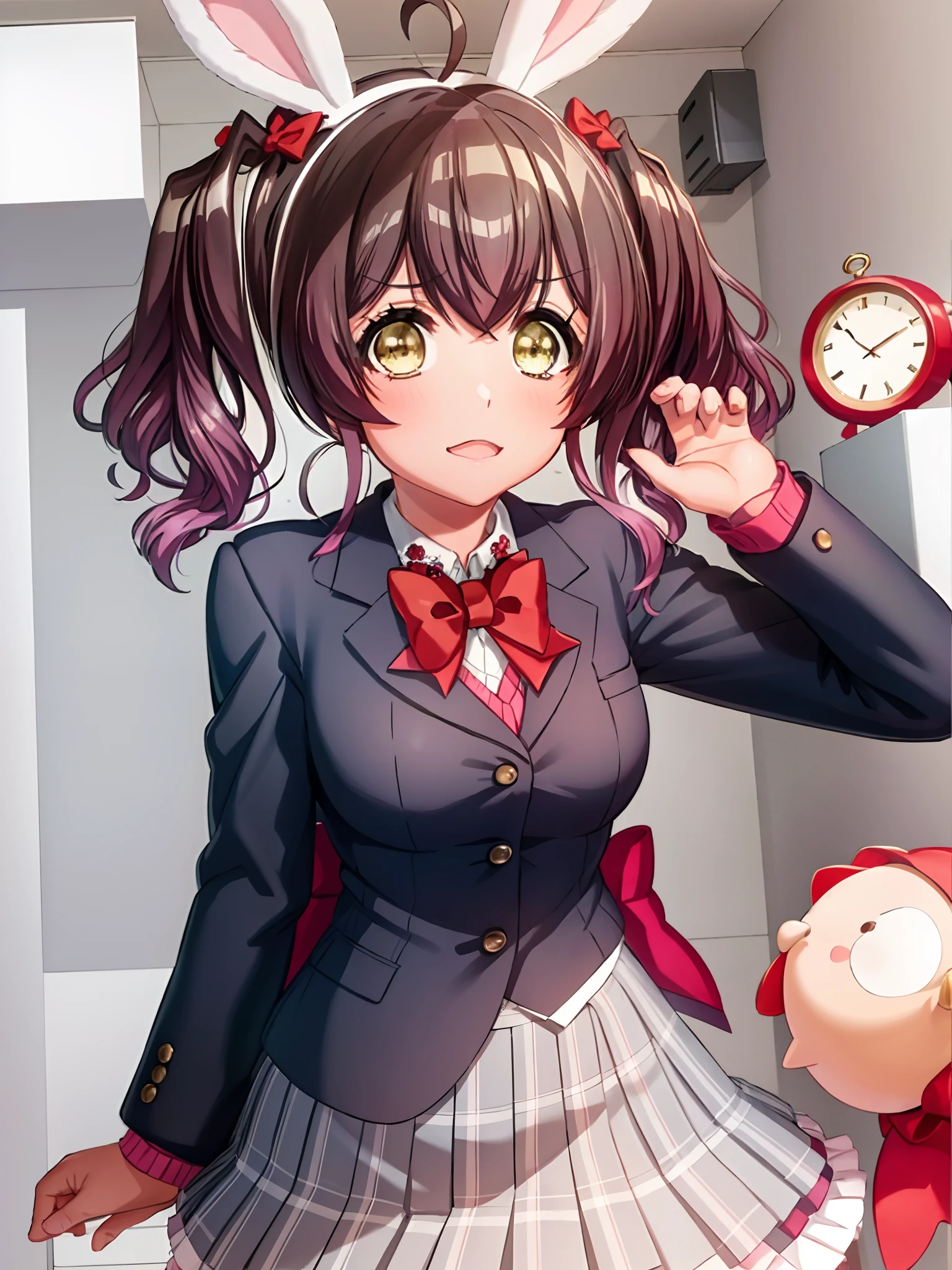 (extremely detailed CG), (best quality),(masterpiece) 1girl, perfect face, shiny skin, lustrous skin, wide hips,narrow waist, MuniDj,red bowtie,black jacket, collared shirt, purple hair,school uniform, bowtie, jacket, ahoge skirt, hair bow,frills bangs shirt, gradient hair, fake animal ears,rabbit ears, yellow eyes, twintails, multicolored hair,school uniform,