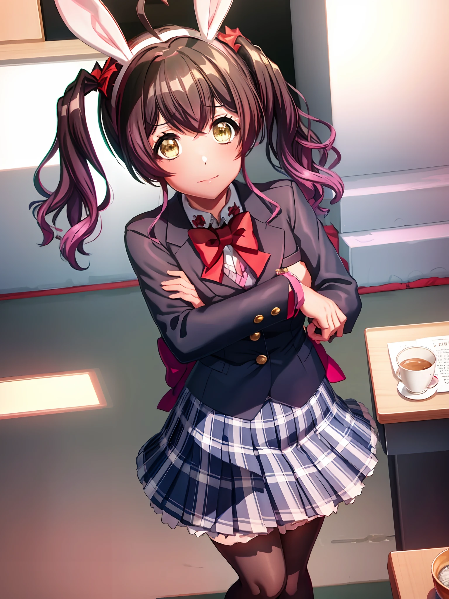 (extremely detailed CG), (best quality),(masterpiece) 1girl, perfect face, shiny skin, lustrous skin, wide hips,narrow waist, MuniDj,red bowtie,black jacket, collared shirt, purple hair,school uniform, bowtie, jacket, ahoge skirt, hair bow,frills bangs shirt, gradient hair, fake animal ears,rabbit ears, yellow eyes, twintails, multicolored hair,school uniform,