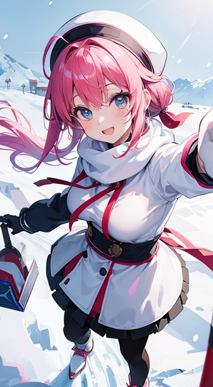 ((Ultra-detailed)), (top-quality),((masutepiece)), ((Super exciting)), ((8K)), ((extremely clear)), ((Very sophisticated)), ((Photography)), (Anime quality), (2D), portrait of a full body、japanaese girl, a baby face, Pink hair, Short ponytail, Hair Ribbon, Ahoge, drooping eyes, Blue eyes, Clear eyes, long eyelashes, Thin eyebrows, Beautiful breasts, Snow slopes、a smile、Opening Mouth、Ski Resort Background、Skin that has risen、Pink Ski Wear、Long black tights、knit hat、neck warmer、gloves、dynamic angle, Snow goggles、White sigh、Snow boots, Lighting Front, shiny-glistening、gleaming, Clear Body、Clear eyes、View Viewer、Bright face、Chest is bright、Light shines in, upper light, natural skin texture、Dancing Snow、is standing、wave her hand、Emphasize the face、look from above、detailed face depiction