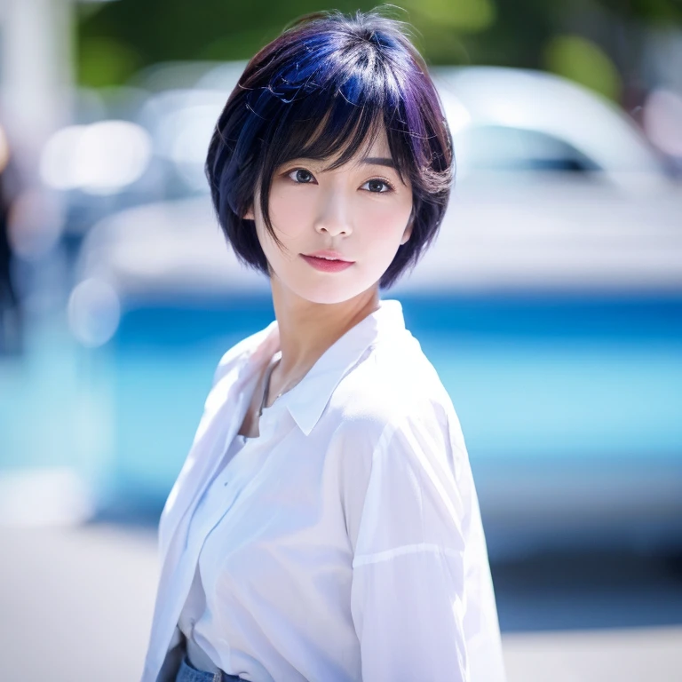 white shirt、JINS、Too beautiful woman、blue open sky、short cut hair、TOKYOcty