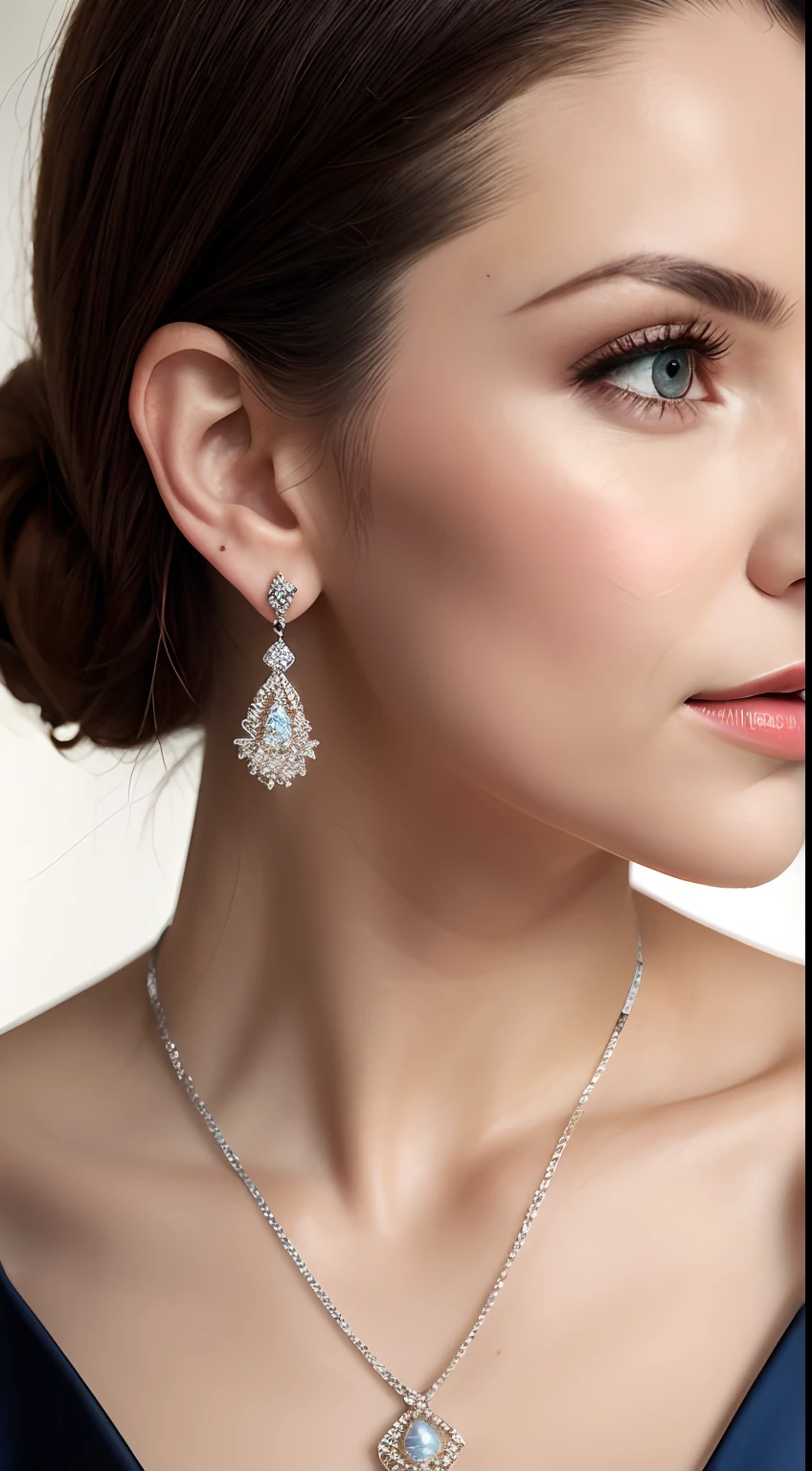 (masterpiece, best quality), intricate details, realistic, photorealistic, a close up of a woman wearing earrings, inspired by Emma Andijewska, draped in crystals, silver color, long earrings, sandra chevier, huge earrings, 2019, blue-eyed, platinum jewellery, earring, flawless structure, silver earring,