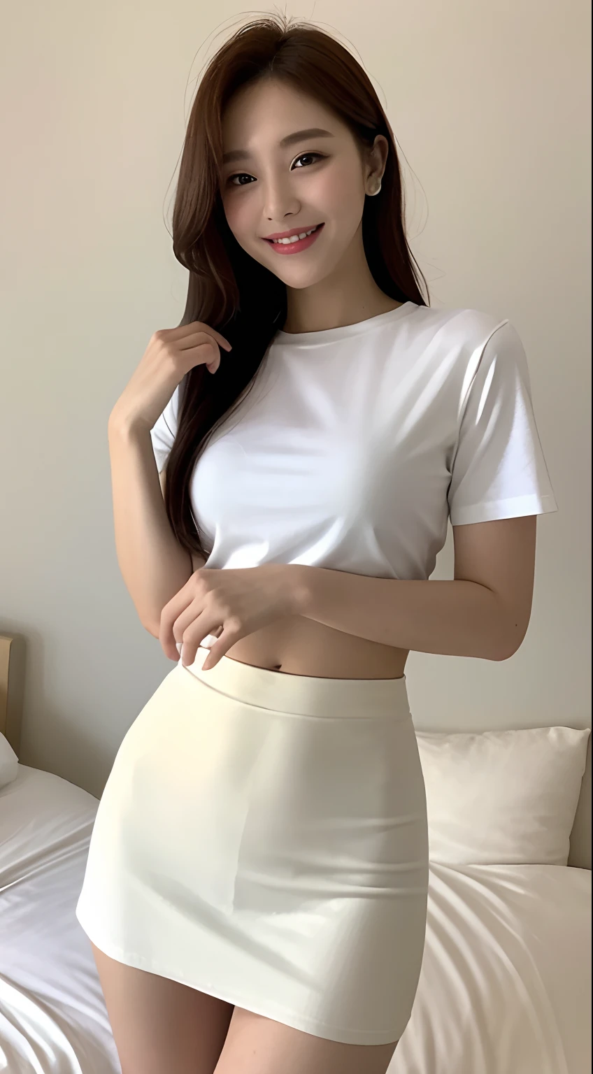 White tight shirt、White tight mini skirt、a bed、a smile、shortsleeves、high-level image quality