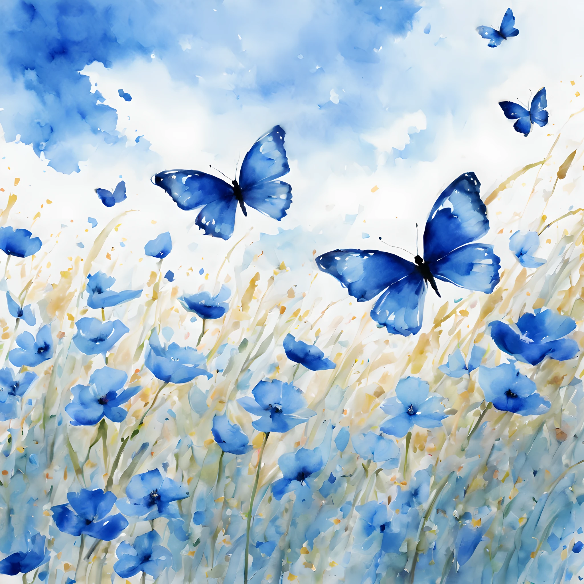 (butterfly:1.5),(butterfly theme:1.5), (ink and watercolor painting:1.5), (Tasteful:1.5), (ink and watercolor painting:1.5), (full color:1.5), 8k, 4k, (landscapes:1.5),(spring:1.5),(blue flower field:1.5), (blue theme:1.5), (blue btterfly:1.5), (blue sky:1.5), (blue field:1.5),(lots of flying blue_butterflies:1.5),(lots of playing blue_butterflies:1.5),(flying blue flower petals:1.5),(absurderes:1.5),(fantastic:1.5),(best quality:1.5),(masterpiece:1.5),