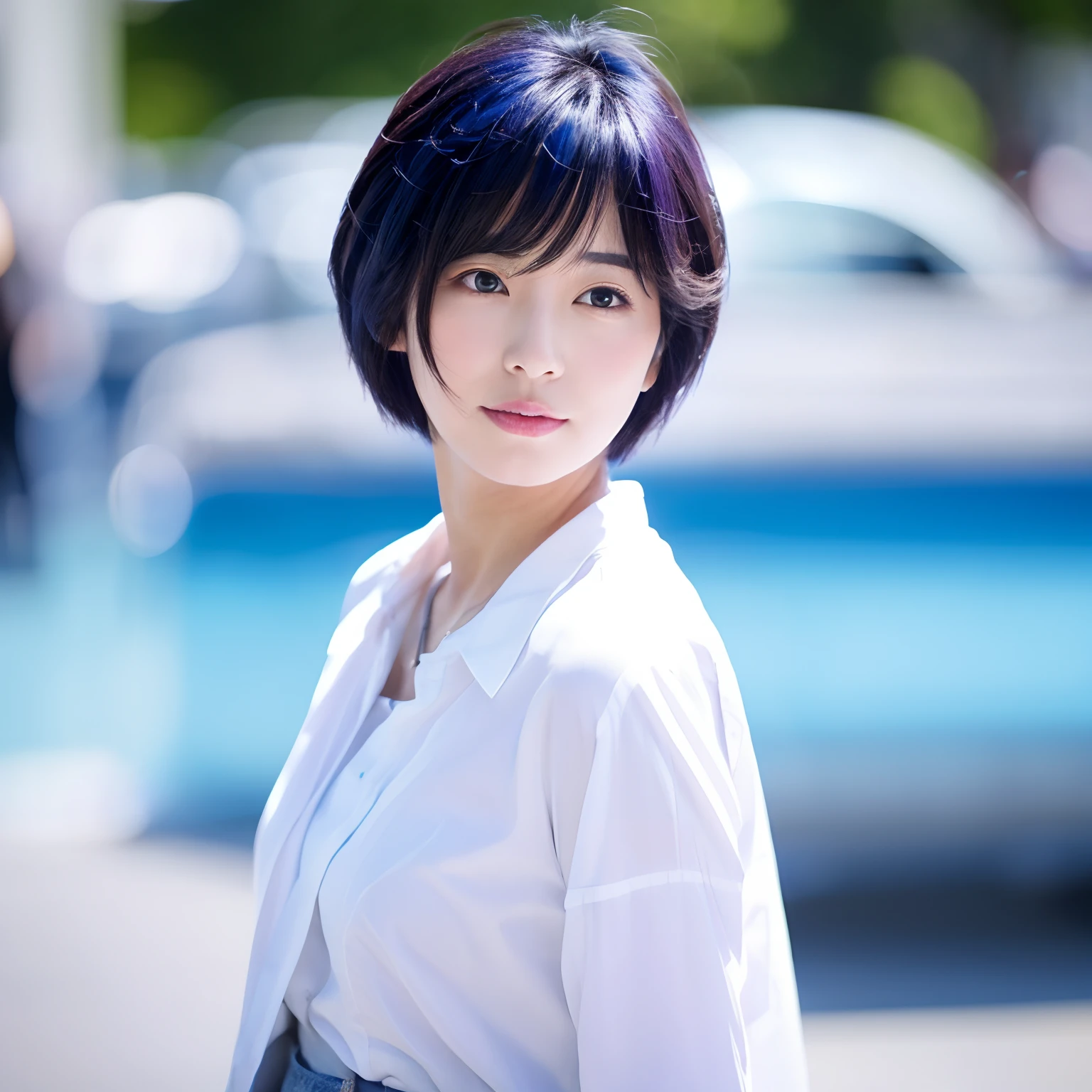 white  shirt、JINS、Too beautiful woman、blue open sky、short cut hair、TOKYOcty