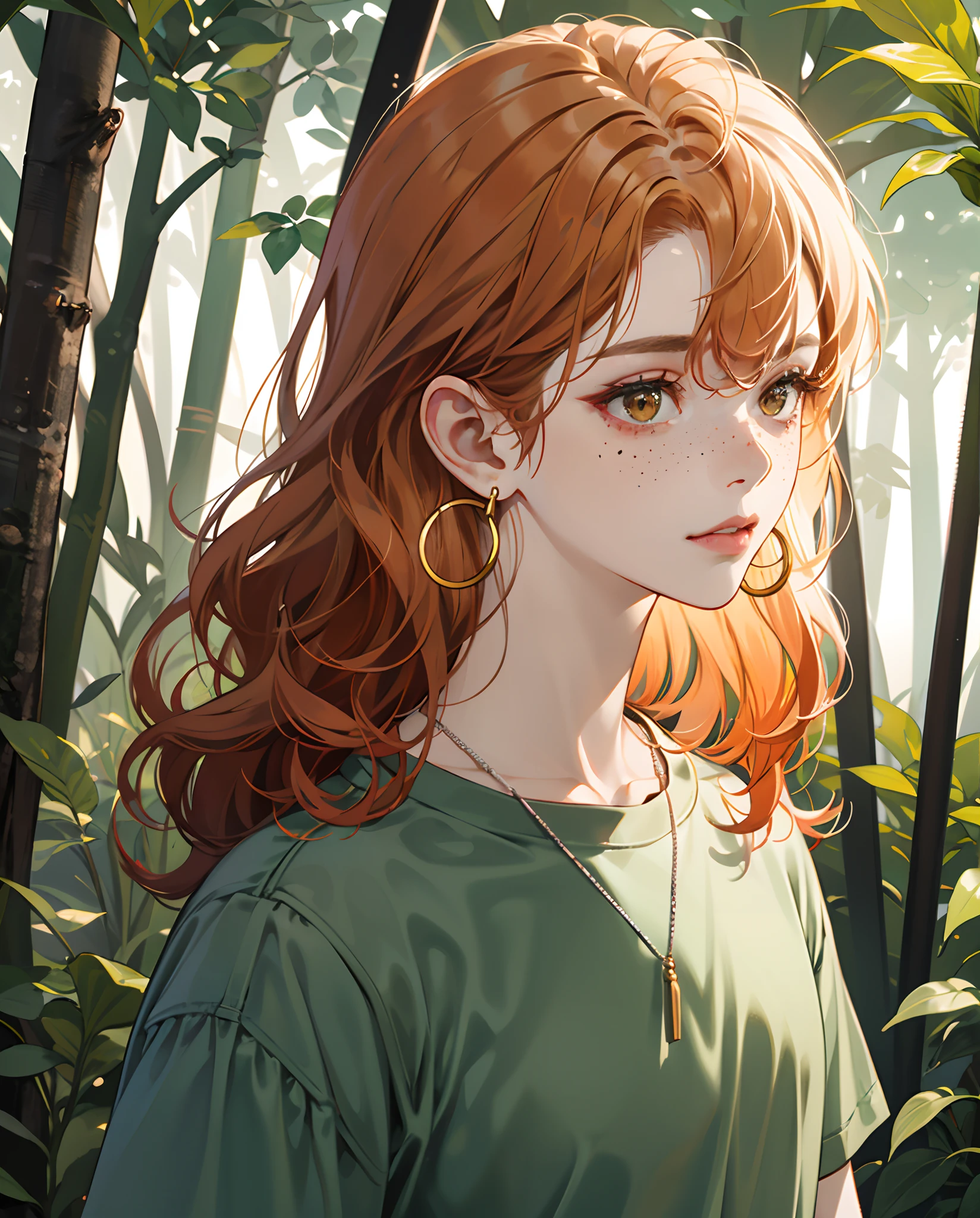 Girl with short layered curly ginger hair, freckles with pale skin, brown eyes, young, big silver hoop earrings, dainty green shirt, black necklace, forest in background, ginger hair ginger hair