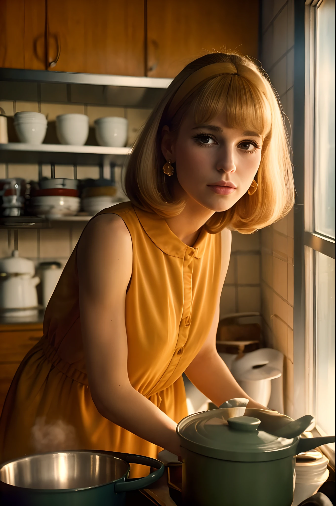 Low angle shot, an athletic honey blonde, wearing a vintage 1960s dress, SixtiesHighFashion, 1960s hairstyle,  Marianne Faithfull, eye-grazing bangs, medium breasts, not exposed, in kitchen, food pots on a stove in a sunny ((1960s kitchen)), looking away from viewer, beautiful view out the windows, 8 k sensual lighting, warm lighting, 4k extremely photorealistic, cgsociety uhd 4k highly detailed, trending on cgstation