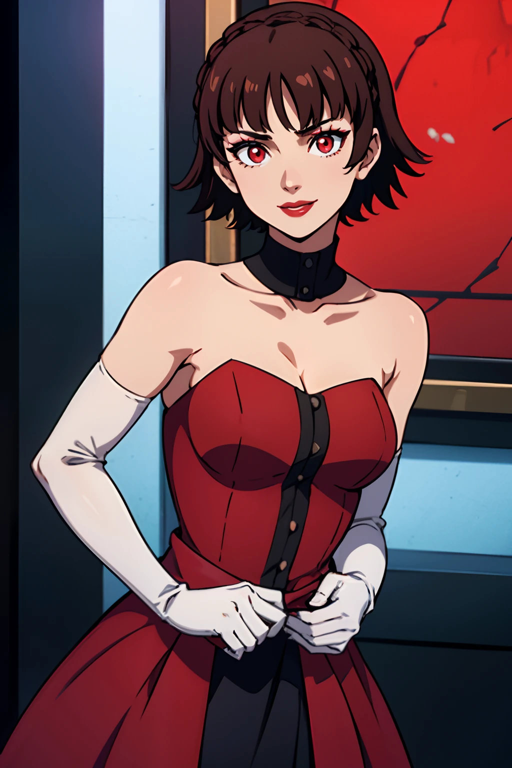 makoto nijima, blunt bangs, braid, brown hair, crown braid, (red eyes:1.3), short hair,, red, dress, strapless dress, long white elbow gloves, smile, red lipstick,light blue eye shadow, makeup