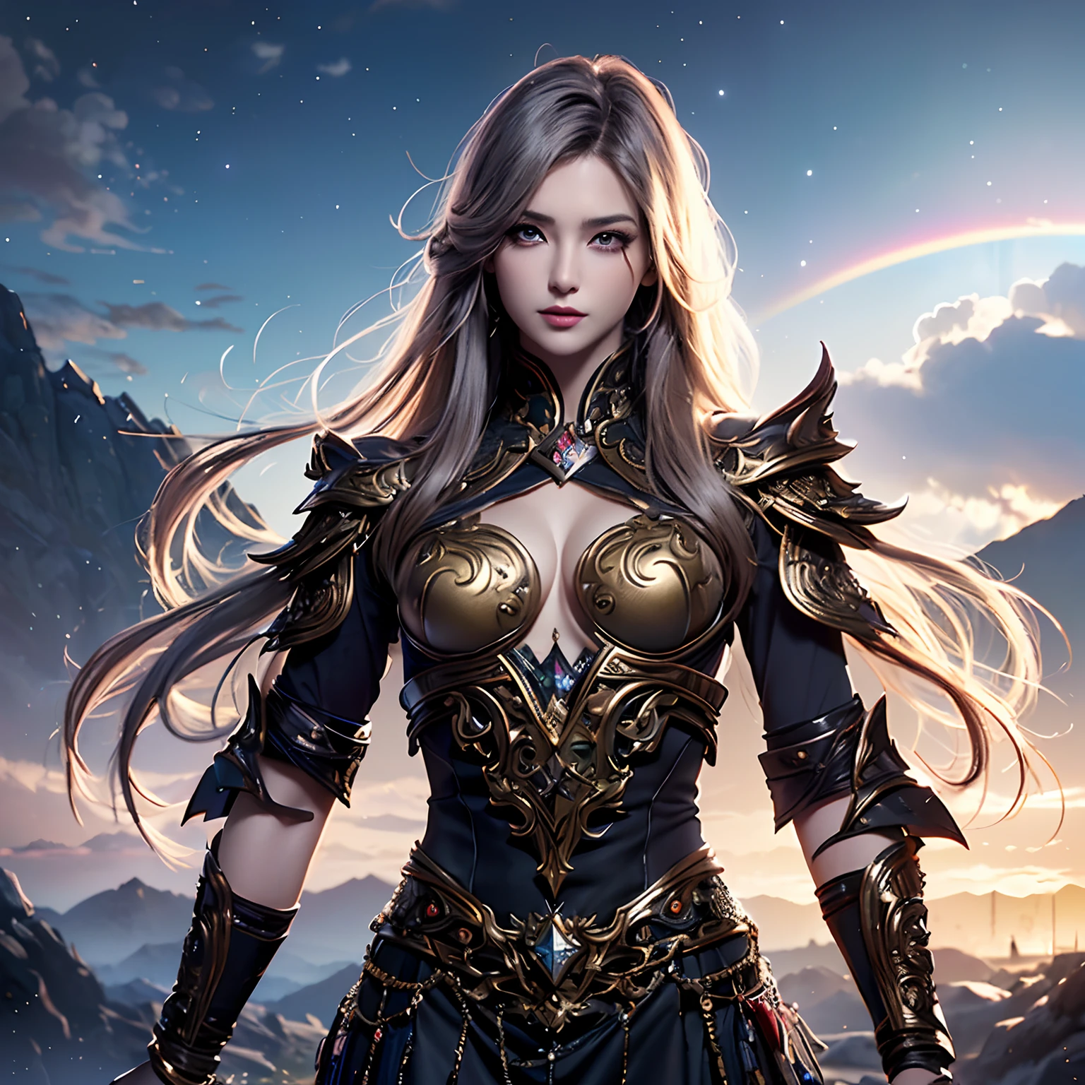 (masterpiece:1.5, Highest quality, Very detailed、 Dutch Angle、Realistic、Fantasy)(One girl, alone)(White and beautiful hair:1.4,,Straight Long Hair)(White based dress, tightedium breasts、Beautiful cleavage))((from diagonally forward))(Beautiful starry sky、Mystical Night、Particles of light float around the woman、Fantasyな空間)Kiana Kaslana