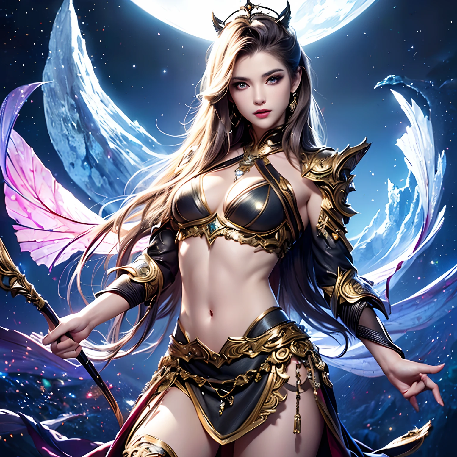 (Realistic, masterpiece, ethereal, cosmic, prism colors background, vivid light, refracting light, surreal aesthetic, cinematic lighting), (1female, Asian milf, armor lingerie, ornate surreal tiara, harajuku makeup, beautiful face, black armor with gold accents, heavy chest plate, heavy shoulder plates, halter neck guard, abdomen showing, cleavage showing, shoulder showing, intense eyes, dark eye makeup with cat eye, perfect eyes, gray eyes, shiny hair, confident stance, arched back, strong physique, toned abs showing, 8 pack abs, small tattoos, sternum tattoo, long messy layered hair, platinum color hair), (facing viewer, action shot, back arched, wind blown)