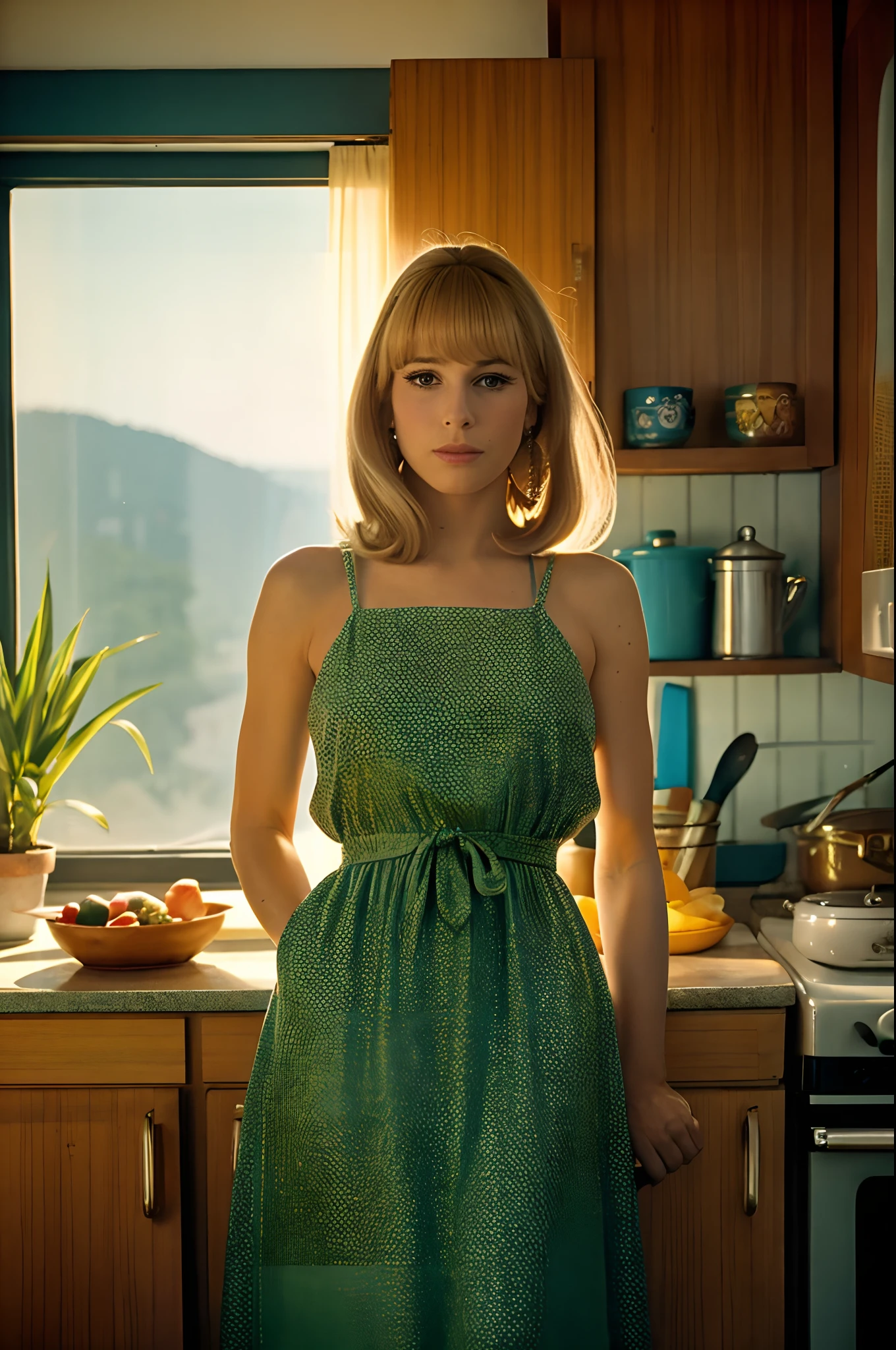 Low angle shot, an athletic honey blonde, wearing a vintage 1960s dress, SixtiesHighFashion, 1960s hairstyle,  Marianne Faithfull, eye-grazing bangs, medium breasts, not exposed, in kitchen, food pots on a stove in a sunny ((1960s kitchen)), looking away from viewer, beautiful view out the windows, 8 k sensual lighting, warm lighting, 4k extremely photorealistic, cgsociety uhd 4k highly detailed, trending on cgstation