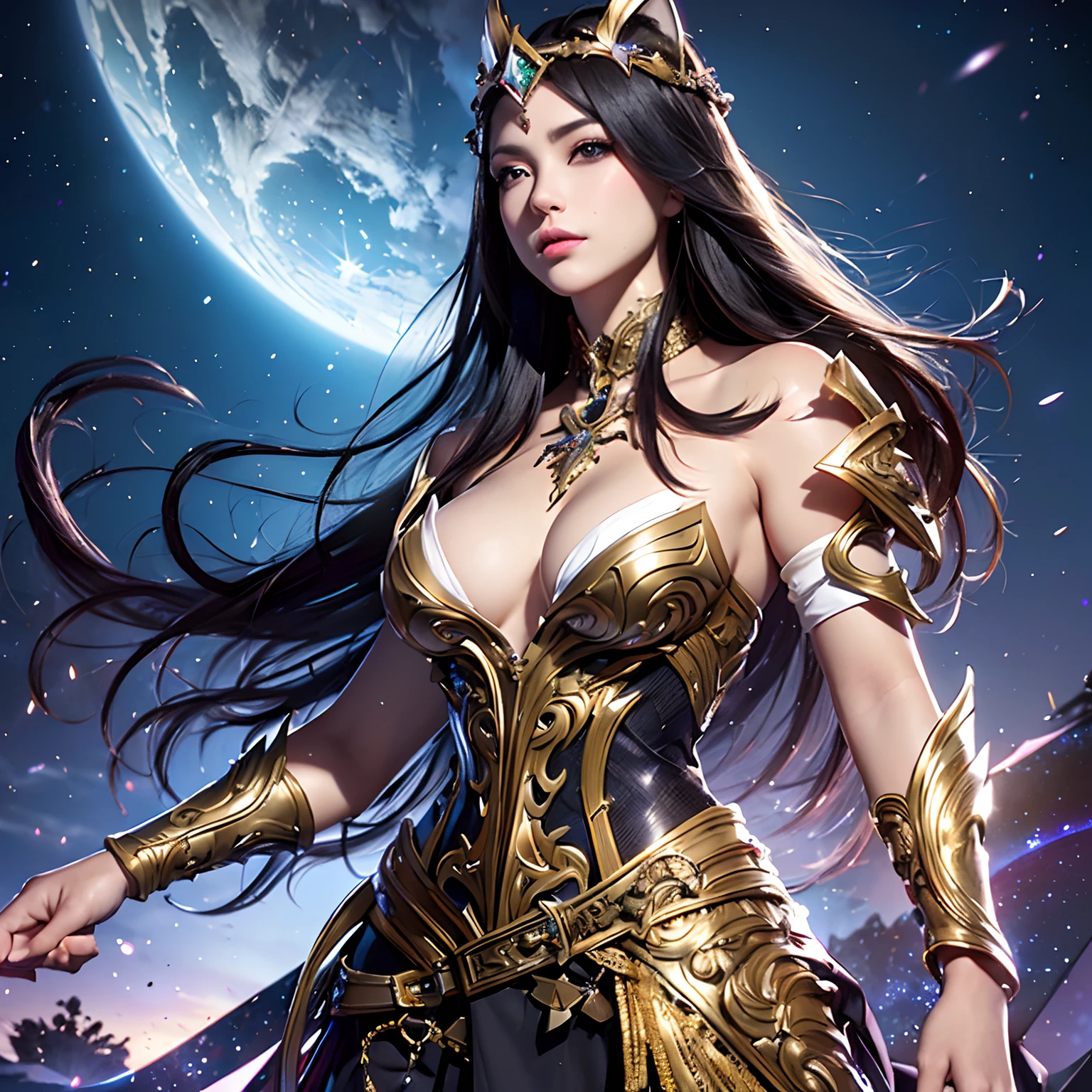 (Realistic, masterpiece, ethereal, cosmic, prism colors background, vivid light, refracting light, surreal aesthetic, cinematic lighting), (1female, Asian milf, armor lingerie, ornate surreal tiara, harajuku makeup, beautiful face, black armor with gold accents, heavy chest plate, heavy shoulder plates, halter neck guard, abdomen showing, cleavage showing, shoulder showing, intense eyes, dark eye makeup with cat eye, perfect eyes, gray eyes, shiny hair, confident stance, arched back, strong physique, toned abs showing, 8 pack abs, small tattoos, sternum tattoo, long messy layered hair, platinum color hair), (facing viewer, action shot, back arched, wind blown)