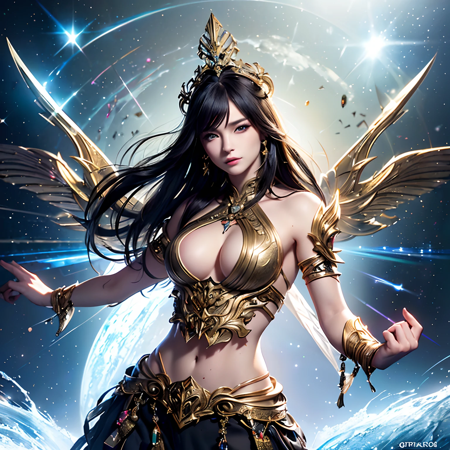 (Realistic, masterpiece, ethereal, cosmic, prism colors background, vivid light, refracting light, surreal aesthetic, cinematic lighting), (1female, Asian milf, armor lingerie, ornate surreal tiara, harajuku makeup, beautiful face, black armor with gold accents, heavy chest plate, heavy shoulder plates, halter neck guard, abdomen showing, cleavage showing, shoulder showing, intense eyes, dark eye makeup with cat eye, perfect eyes, gray eyes, shiny hair, confident stance, arched back, strong physique, toned abs showing, 8 pack abs, small tattoos, sternum tattoo, long messy layered hair, platinum color hair), (facing viewer, action shot, back arched, wind blown)