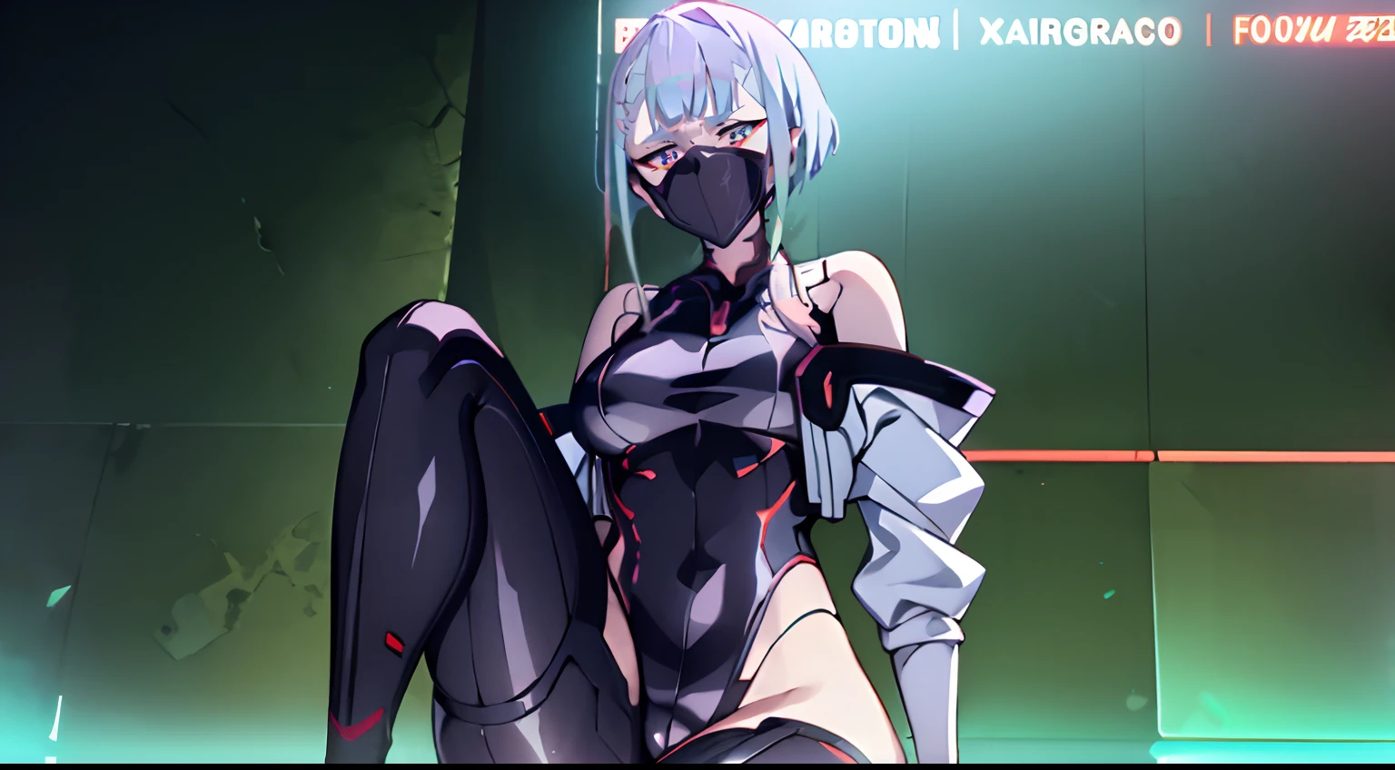 photo portrait, Sits, Sits, pulling your knees up to your chest, Beautiful figure, Lucy from the anime series Cyberpunk Edge Runner, a 1girl, facing the viewer, Beautiful figure (Proper Anatopy 1.1.), in full height (Body Full 1.1), Slim, Slender figure, Slender figure, shapely legs, Anime style, white colored hair, white colored hair, that disappear at the ends, Bob hairstyle, short white jacket, tight black suit, Cutouts on the shoulders, Cutouts on the chest, Neckline at the waist, Skinny black leather pants, Very detailed face, Very beautiful face, Very sexy ass, in full height (Body Full 1.1), Tall android girl, small elastic breasts, Little ass, Glitter Head Mask, Hair is gathered in a braid, Beautiful slim figure, small buttocks, A braid around the head, Round braid, Red Star in the Forehead, Short Brown Jacket, black tight suit, darkly，gris & Dark Style：1.1), Light, femininity，tmasterpiece，beste-Qualit，higly detailed，Visible to the feet， 8K resolution， High Sharp， 8K resolution， higly detailed， 8K UHD， Professional lighting， Photon mapping，physical based rendering， a perfect face， detailed face and body， ray traced， expressive look， Cinmatic Lighting，elastic small breasts, Heightened sexuality，