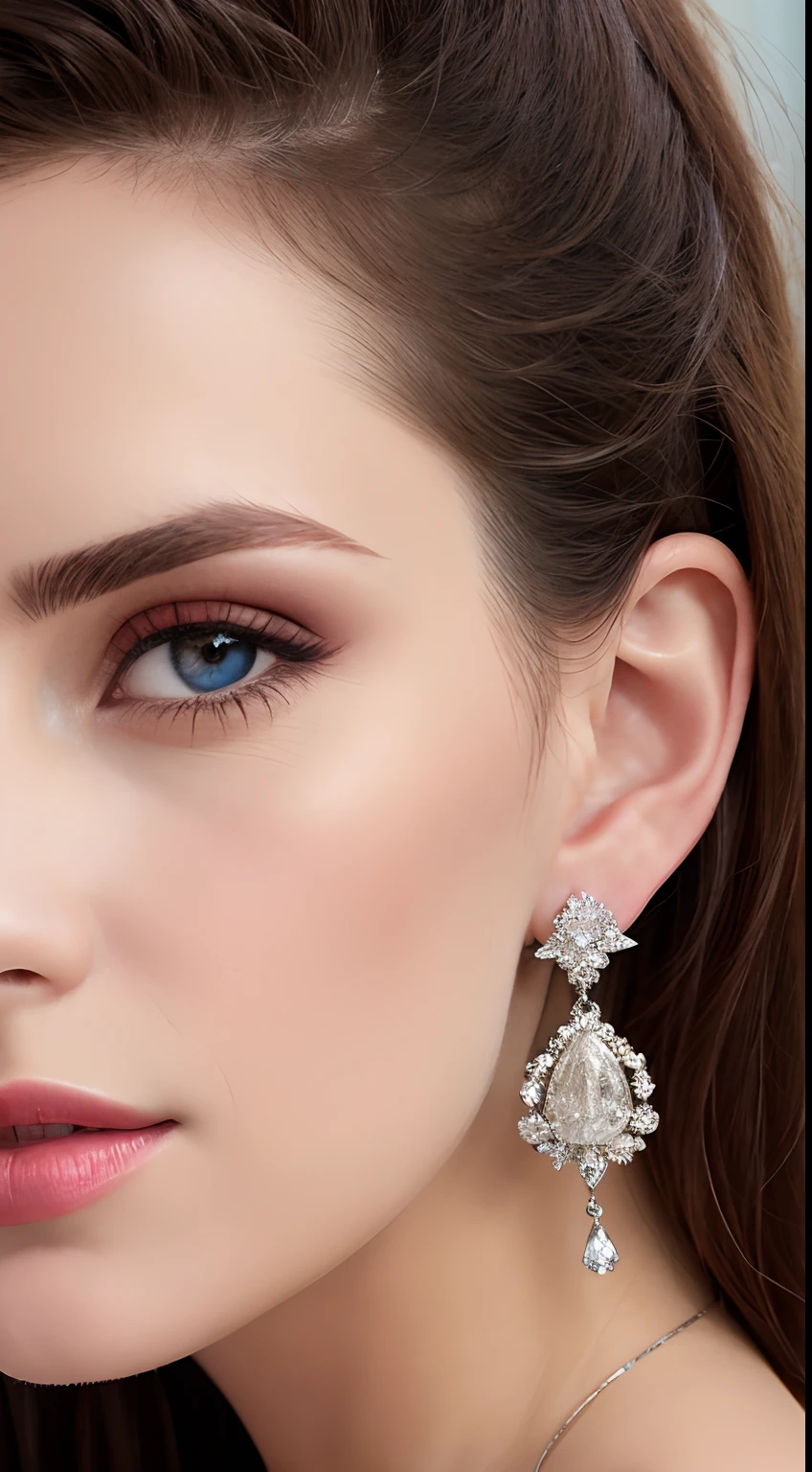 (masterpiece, best quality), intricate details, realistic, photorealistic, a close up of a woman wearing earrings, inspired by Emma Andijewska, draped in crystals, silver color, long earrings, sandra chevier, huge earrings, 2019, blue-eyed, platinum jewellery, earring, flawless structure, silver earring,