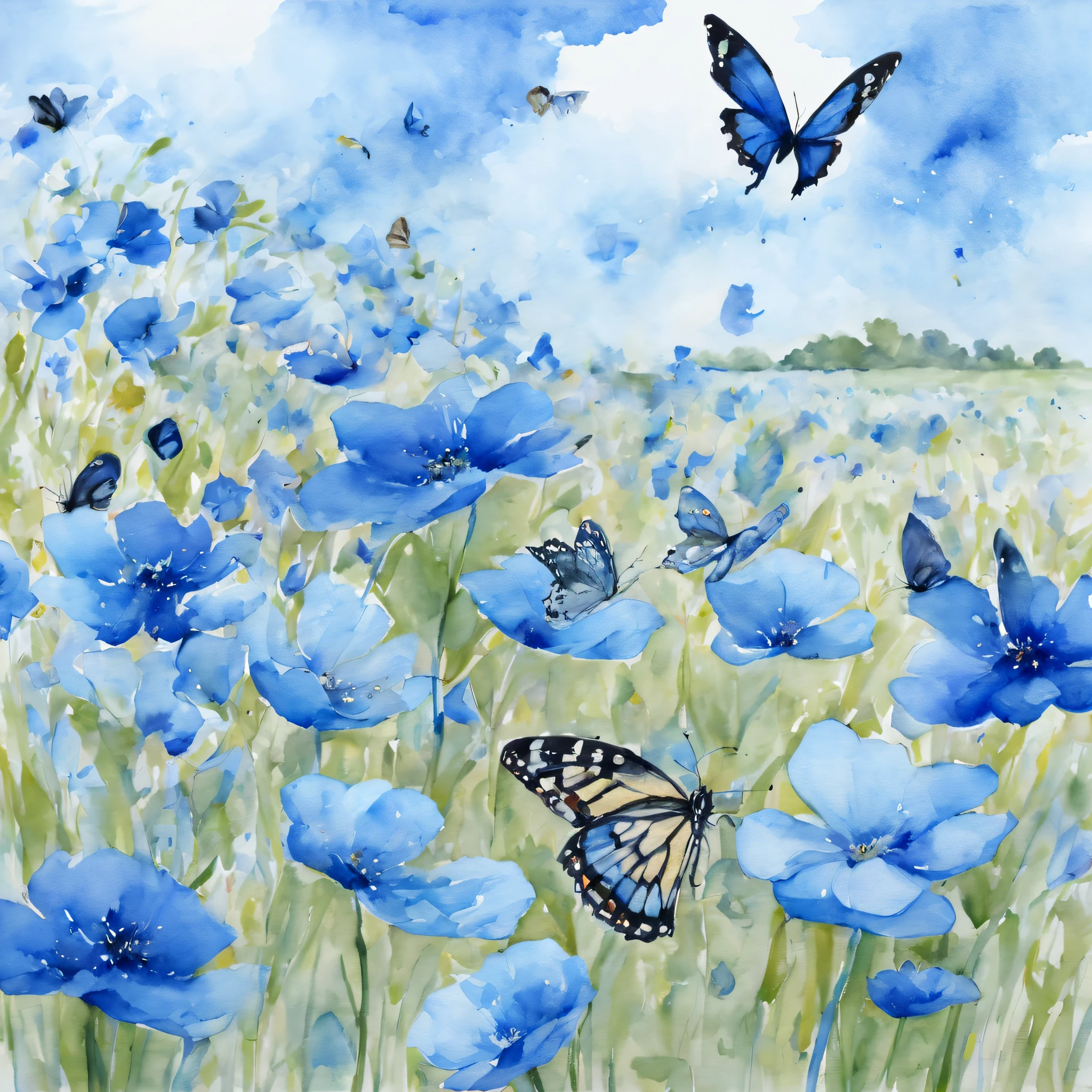 (butterfly:1.5),(butterfly theme:1.5), (ink and watercolor painting:1.5), (Tasteful:1.5), (ink and watercolor painting:1.5), (full color:1.5), 8k, 4k, (landscapes:1.5),(spring:1.5),(blue flower field:1.5), (blue theme:1.5), (blue btterfly:1.5), (blue sky:1.5), (blue field:1.5),(lots of flying blue_butterflies:1.5),(lots of playing blue_butterflies:1.5),(flying blue flower petals:1.5),(absurderes:1.5),(fantastic:1.5),(best quality:1.5),(masterpiece:1.5),