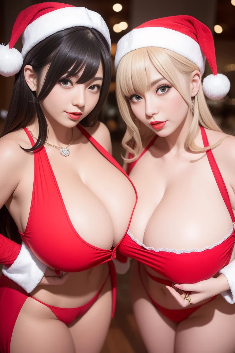 Two beautiful girls with huge breasts Japan are cosplaying as furry shoulders Santa and holding a present with huge breasts that are about to spill out Highlight cleavage Red lipstick