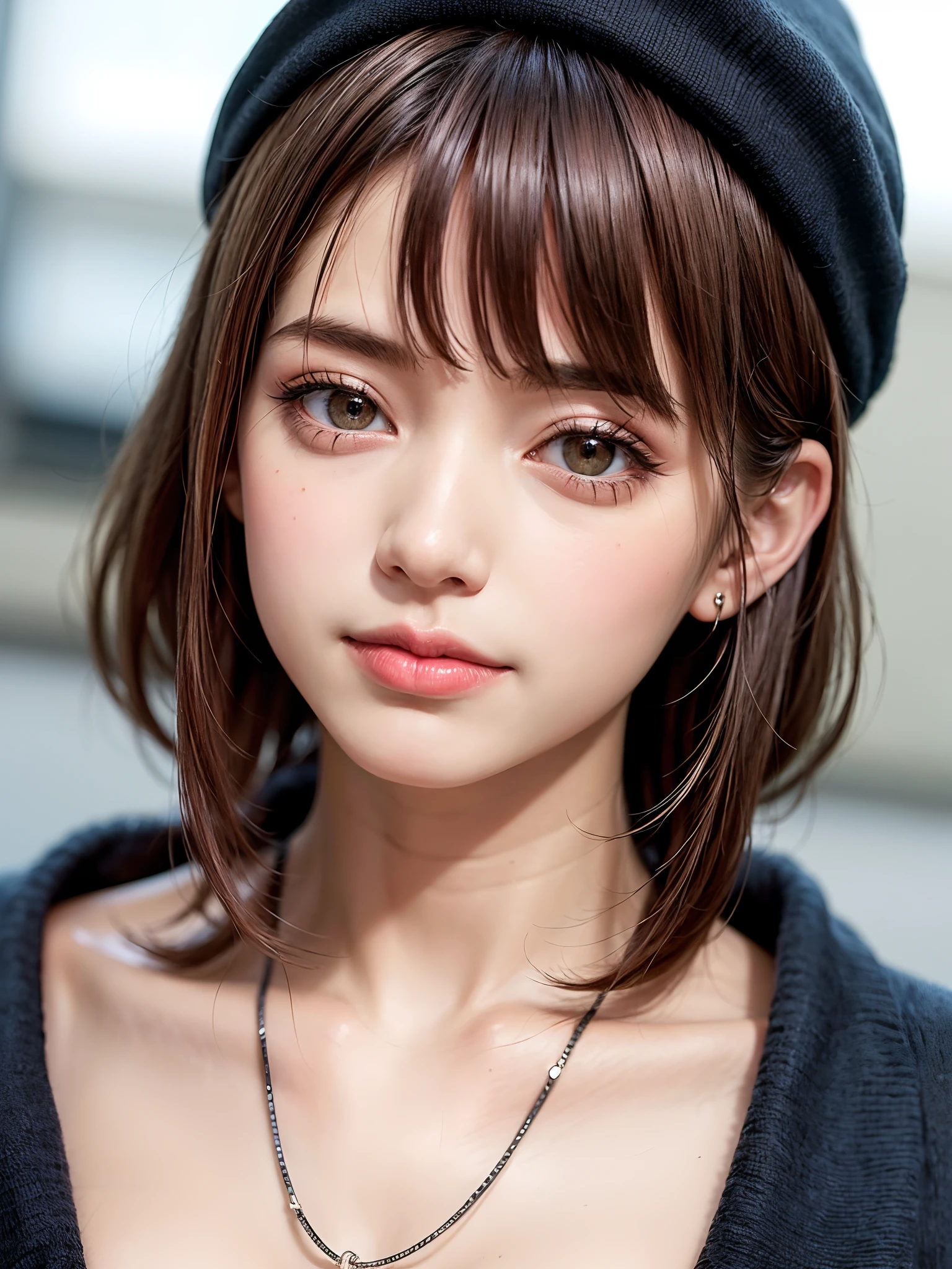 (masterpiece, top-quality、Very attractive adult beauty、Add intense highlights to the eyes、Look firmly at the camera),1girl in, 独奏, A dark-haired, scarf, Hats,, realisitic, looking at the viewers, black eyes of light color, shorth hair, coat, Winter clothes, White headscarf, s lips, lipgloss,bangss, The upper part of the body、big eye、Lashes)、((Road system in Italy))、((Shorthair with bangs、big eye、Put very strong highlights in your students、very Bigger breasts、gazing at viewer、Very beautiful beauty、Put your ears out、long neck、little smiling、Beautiful teeth、Open your mouth and smile))、28 year old、Very cute supermodel