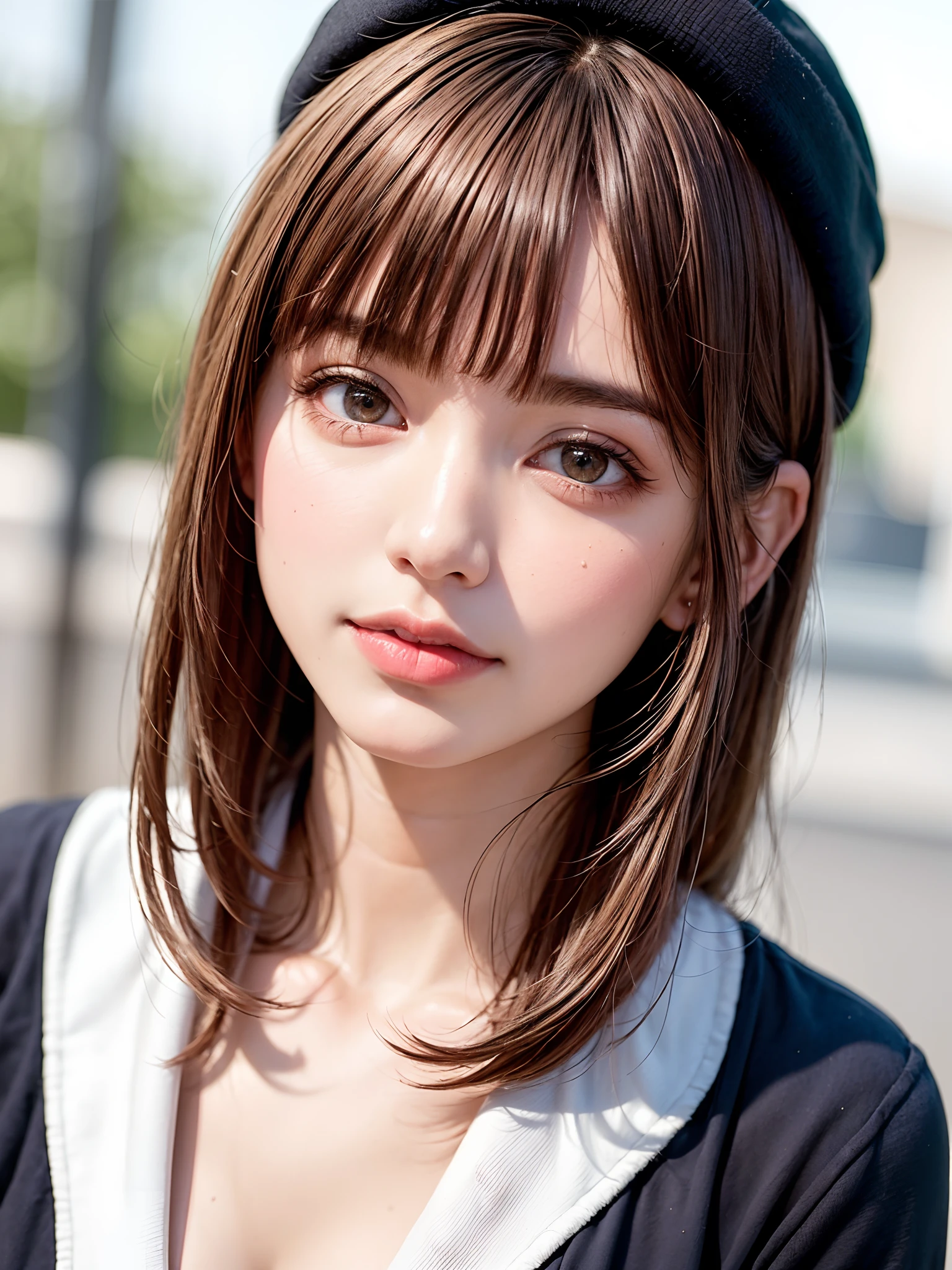 (​masterpiece, top-quality、Very attractive adult beauty、Add intense highlights to the eyes、Look firmly at the camera),1girl in, 独奏, A dark-haired, scarf, Hats,, realisitic, looking at the viewers, black eyes of light color, shorth hair, coat, Winter clothes, White headscarf, s lips, lipgloss，bangss, The upper part of the body、big eye、Lashes)、((Road system in Italy))、((Shorthair with bangs、big eye、Put very strong highlights in your students、very Bigger breasts、gazing at viewer、Very beautiful beauty、Put your ears out、long neck、little smiling、Beautiful teeth、Open your mouth and smile))、28 year old、Very cute supermodel