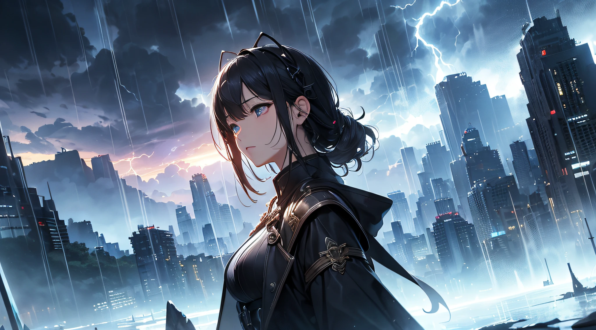 masterpiece、Background with((Fantastic Great Storm、Thunder plural、very heavy rain、dark))、Depth((Near Future City))、Looking up