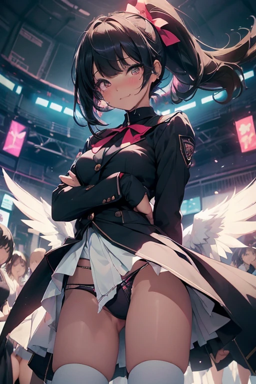 ((top-quality)), ((tmasterpiece)), back (Panty shots:1.5)/、Wearing panties、standing Open legs Lift Skirt 、 ( Panties overflow:1.5)、 titmouse、、、Sobbing tears、(thongs:1.0)、 kneehighs White、Looks 18 years old、(vaginal :1.3)、A crying smile、cum in mouth、There are a lot of students around、show off pubic area、