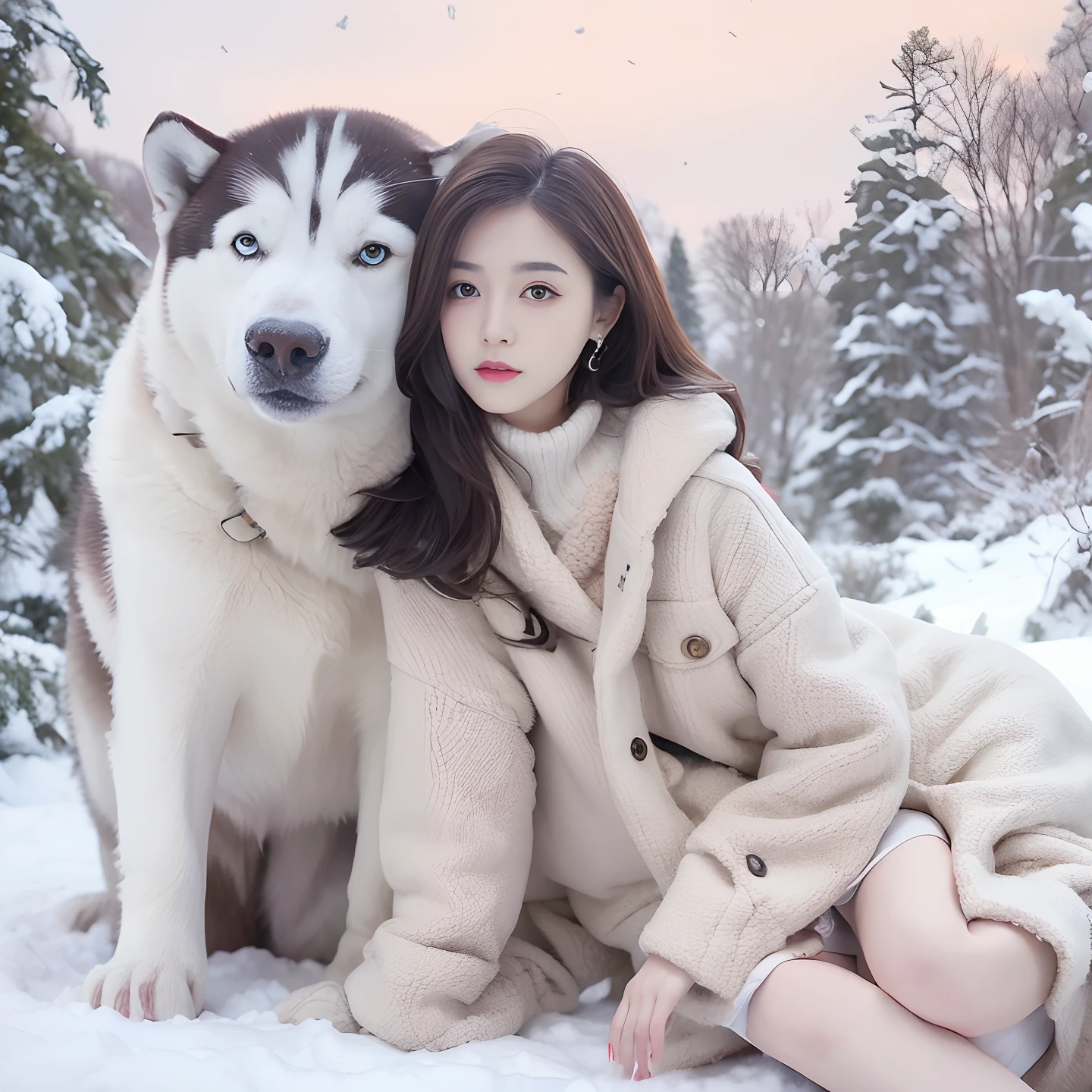 woman sitting on the ground next to a Siberian Husky in a snowy scene, dilraba dilmurat, lulu chen, cold as ice! 🧊, sha xi, wenfei ye, trending on cgstation, 2 0 2 0 fashion, gemma chen, warm, Japanese women's fashion model, pale snow white skin, ulzzang