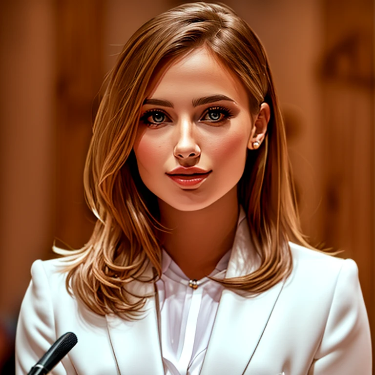 Araphedo woman in white suit holds microphone in front of audience, a photography of a beautiful woman, beautiful female model, Very attractive and beautiful, Attractive woman, gorgeous woman, Portrait Sophie Mudd, Beautiful Model Girl, gorgeous beautiful woman, Sharp beautiful face, Cute Woman, Beautiful woman, attractive and beautiful, beautiful model, attractive beautiful face
