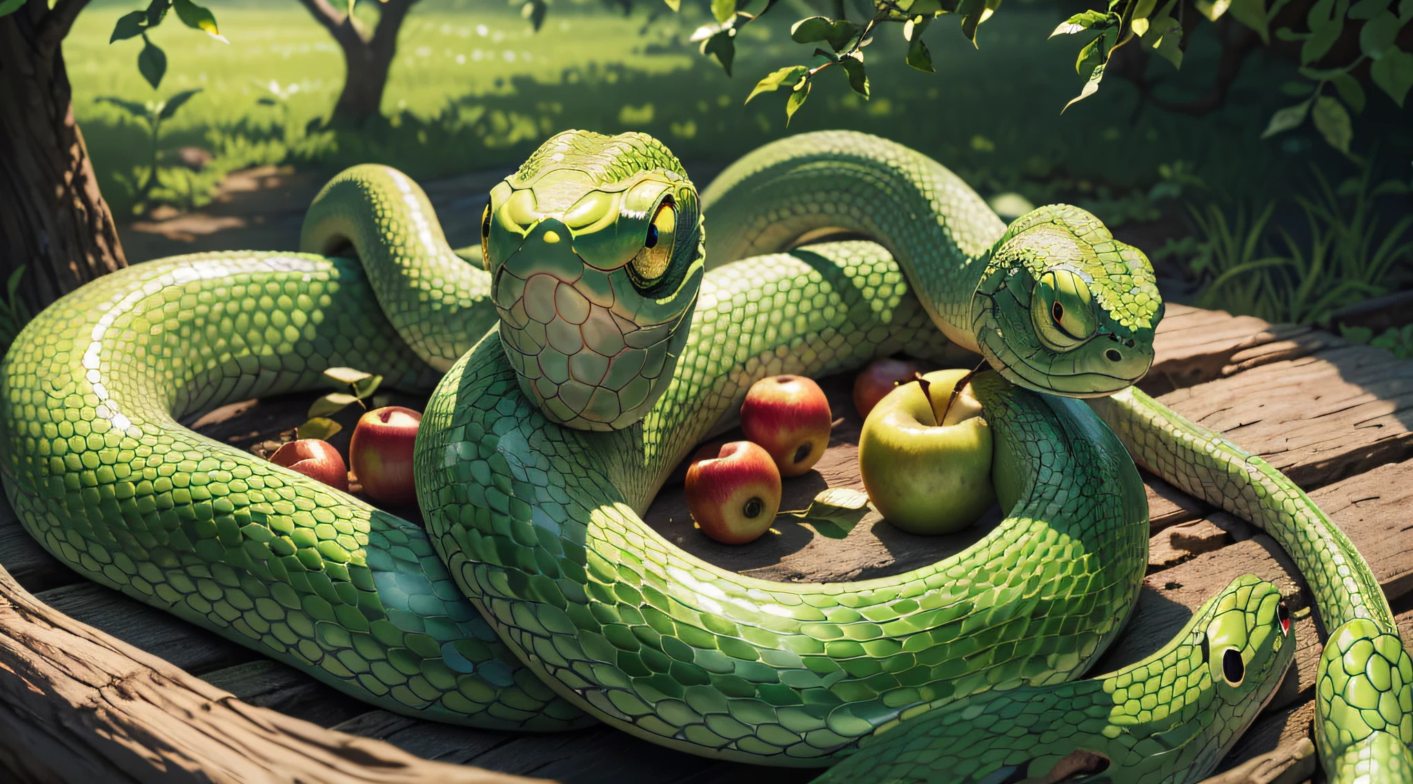 (8k raw photo) ultrarealistic, a serpent in the garden of eden, detailed eyes, (in background an apple-tree and a ((innocent looking green snake head in background)) ) , vibrant colors, crisp, ethereal lighting, healthy food, (something is about to happen atmosphere), DSLR,