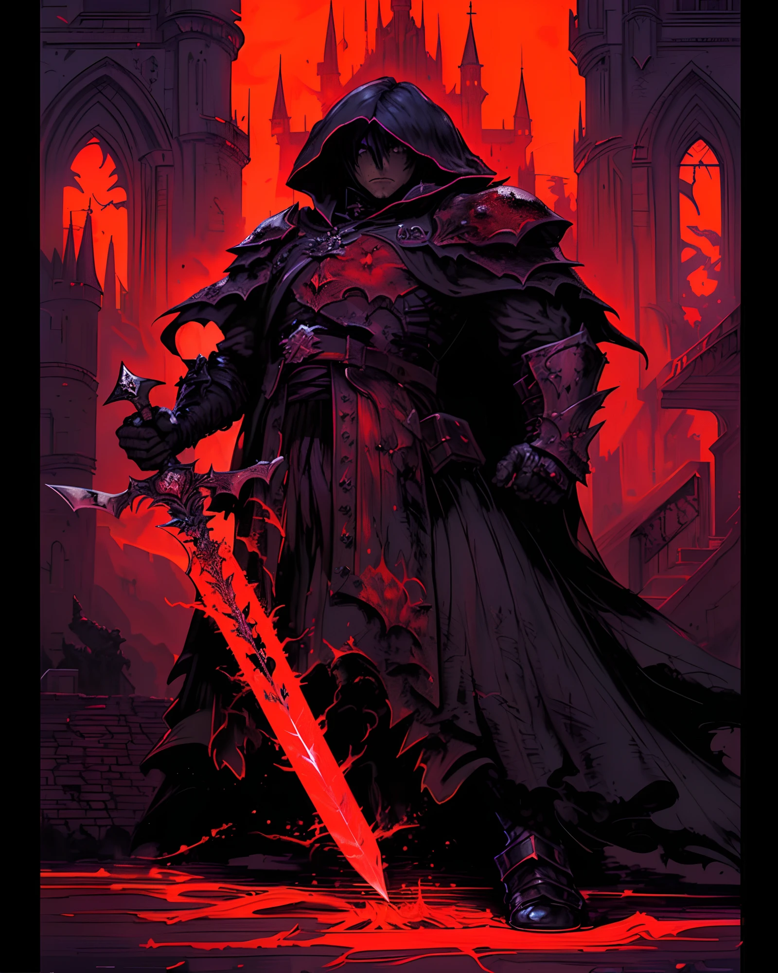 a dark knight cloud strife insanely detailed face and body, final fantasy, standing in front of a castle with a sword, blood knight, dan mumford tom bagshaw, in the art style of Dan Mumford, in the art style of Dan Mumford, Anton Fadeev and Dan Mumford, the Dark Lord Sauron, dark magic effects