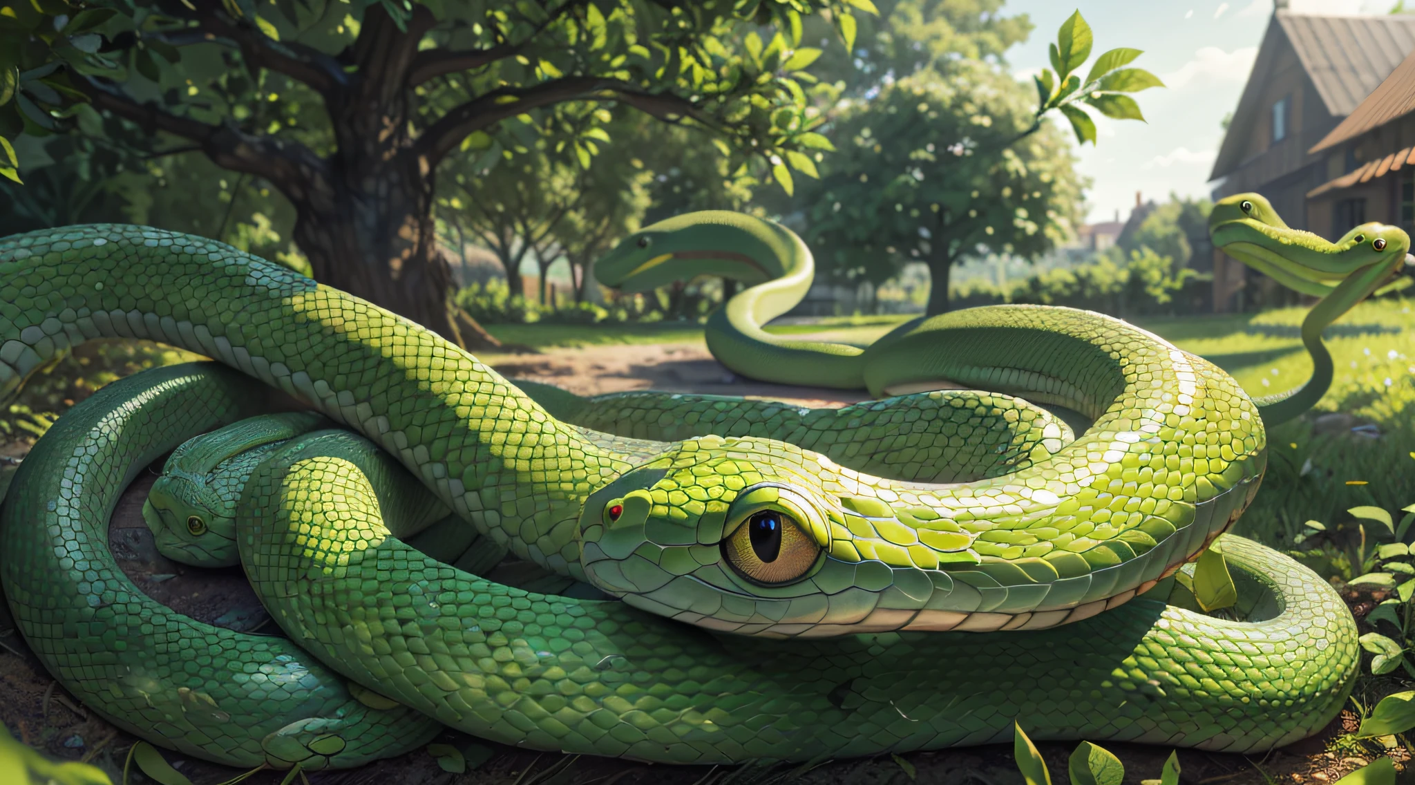 (8k raw photo) ultrarealistic, a serpent in the garden of eden, detailed eyes, (in background an apple-tree and a ((innocent looking green snake head in background)) ) , vibrant colors, crisp, ethereal lighting, healthy food, (something is about to happen atmosphere), DSLR,