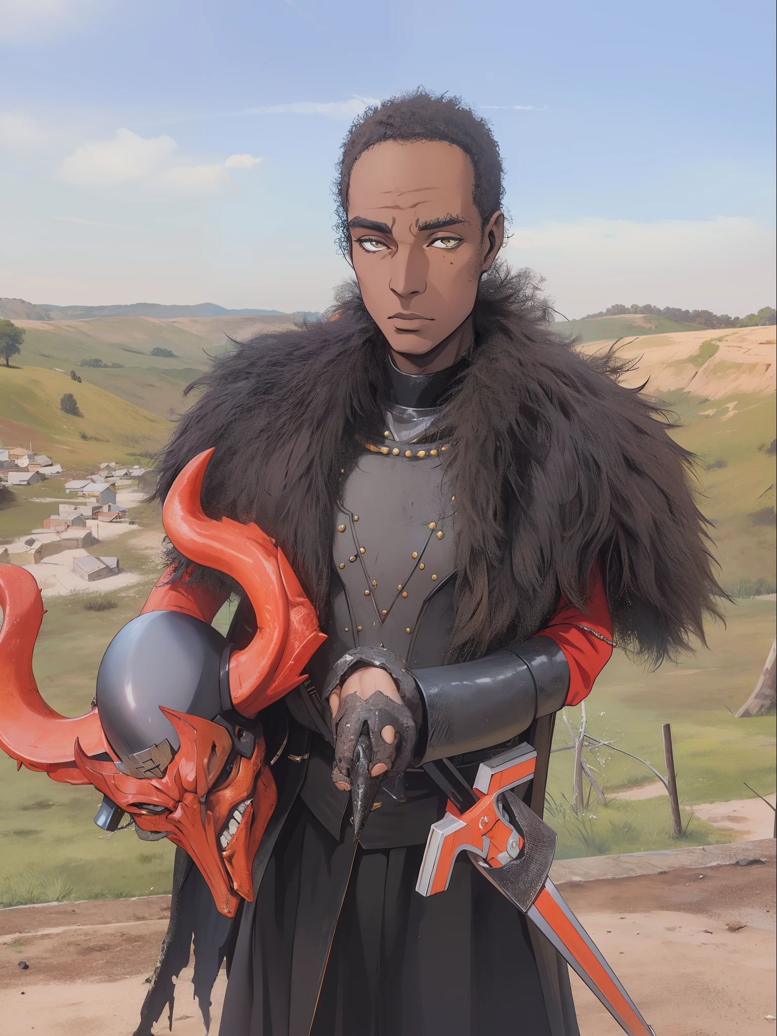 Homen ,cavaleiro , pele marrom ,olhos amarelos, holding a demon helmet, cabelos longos negros