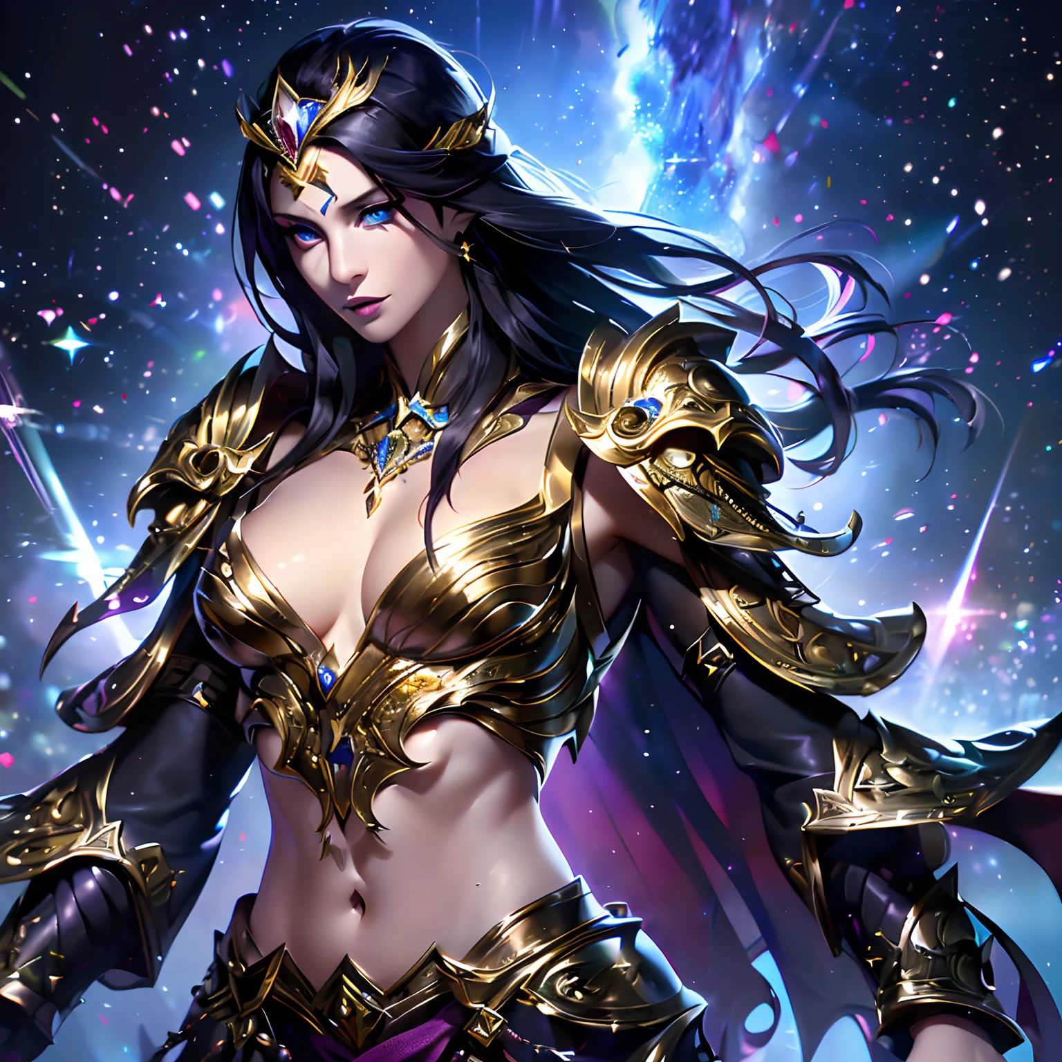 (Realistic, masterpiece, ethereal, cosmic, prism colors background, vivid light, refracting light, surreal aesthetic, cinematic lighting), (1female, Asian milf, armor lingerie, ornate surreal tiara, harajuku makeup, beautiful face, black armor with gold accents, heavy chest plate, heavy shoulder plates, halter neck guard, abdomen showing, cleavage showing, shoulder showing, intense eyes, dark eye makeup with cat eye, perfect eyes, gray eyes, shiny hair, confident stance, arched back, strong physique, toned abs showing, 8 pack abs, small tattoos, sternum tattoo, long messy layered hair, platinum color hair), (facing viewer, action shot, back arched, wind blown)