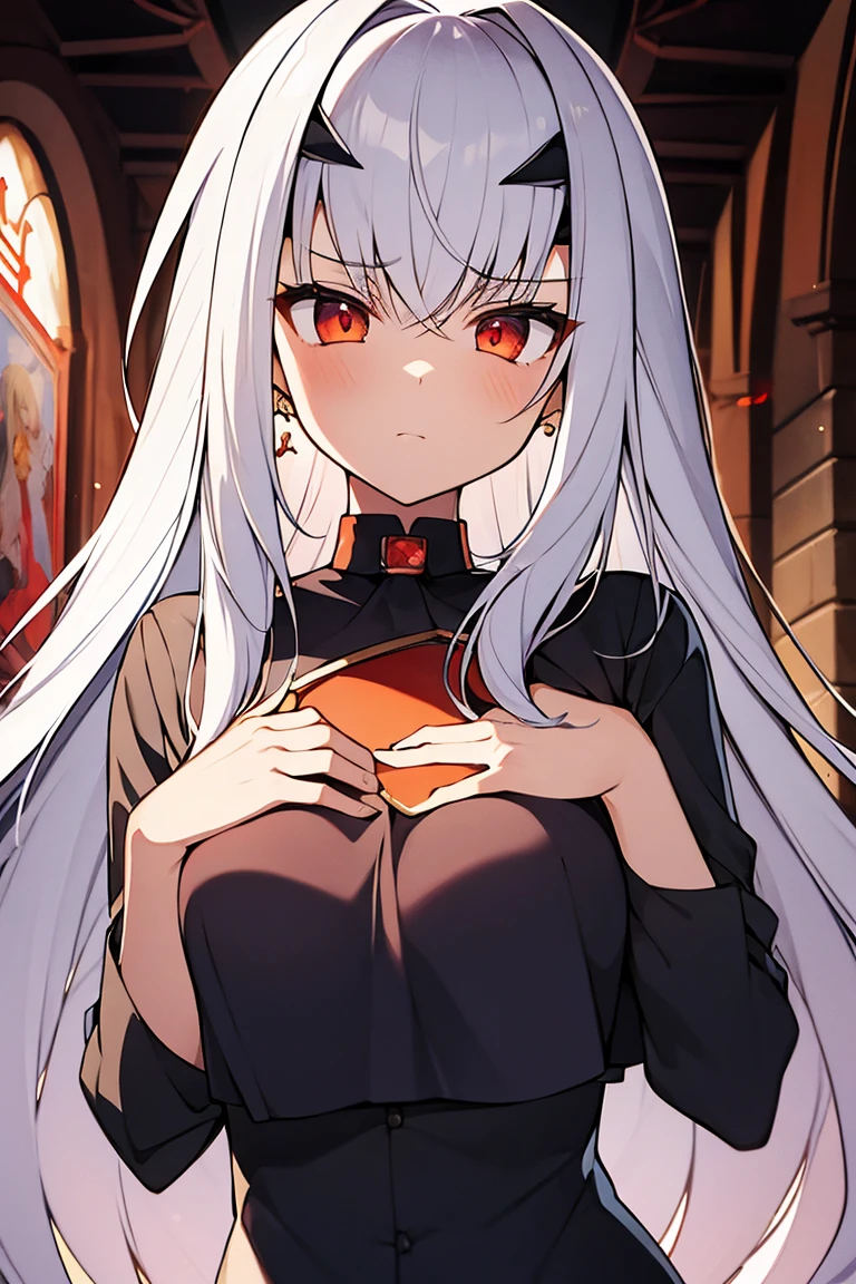, beautiful girl, masterpiece, 最高品質, 8K anime,Surf the picture,illustration, 1 girl, bara, black shirt, White shirt, Fold the red ribbon on the chest..................., ,Precise, bestquality,shape: Height about 164 cm..................... There is a chest on CAP D...................... ,Red Eyes, Long straight eyebrows................, But some people....... ,anime ,White hair to the waist.,Researcher Kit,nighttime,moon light,Orange eyes,Torn shirt,Red Gem Earrings,Church Goddess