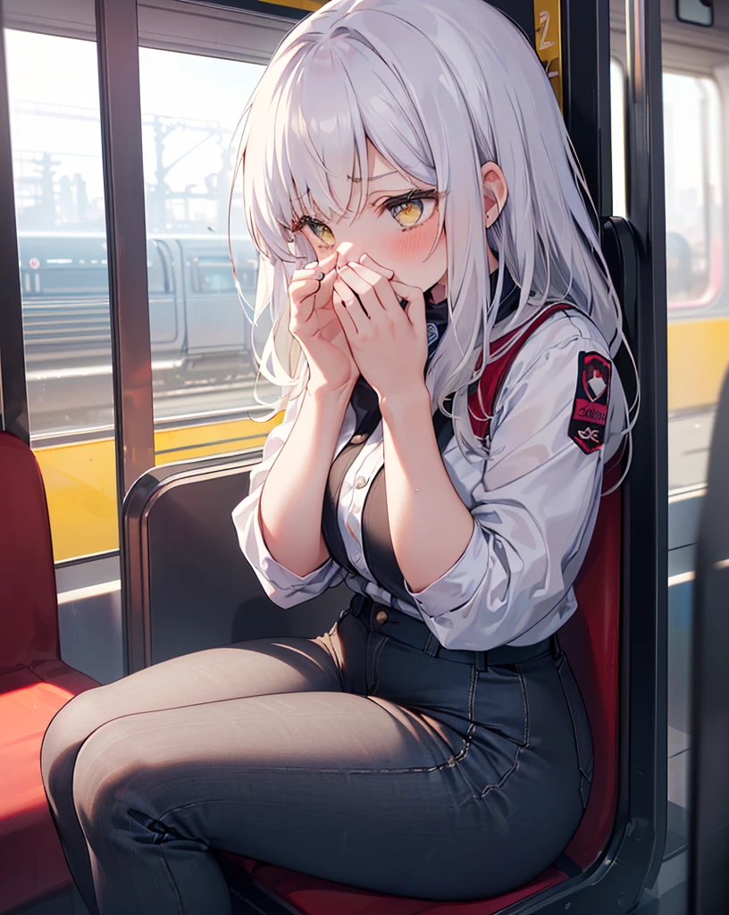 ((masutepiece, A high resolution,depth of fields, 4K,NFFSW,)),(((1 girl in)))),((((amazement))),(((A large amount of yellow smoke blew out from where the girl's ass was sitting)))),((profile)),((Red blush)),(((sitting in the train seat))),((silber hair)),((Enjoy the view from the seat next to you))),(((shorter pants))),((((Focus)))),(((slenderness))),(((Toned body)), (((The girl covers her nose and mouth with her palms,so as not to smell the stench)))),You smell a bad smell,Girl farts,The girl's reaction was to smell something unpleasant,Frowning,Narrowed eyes