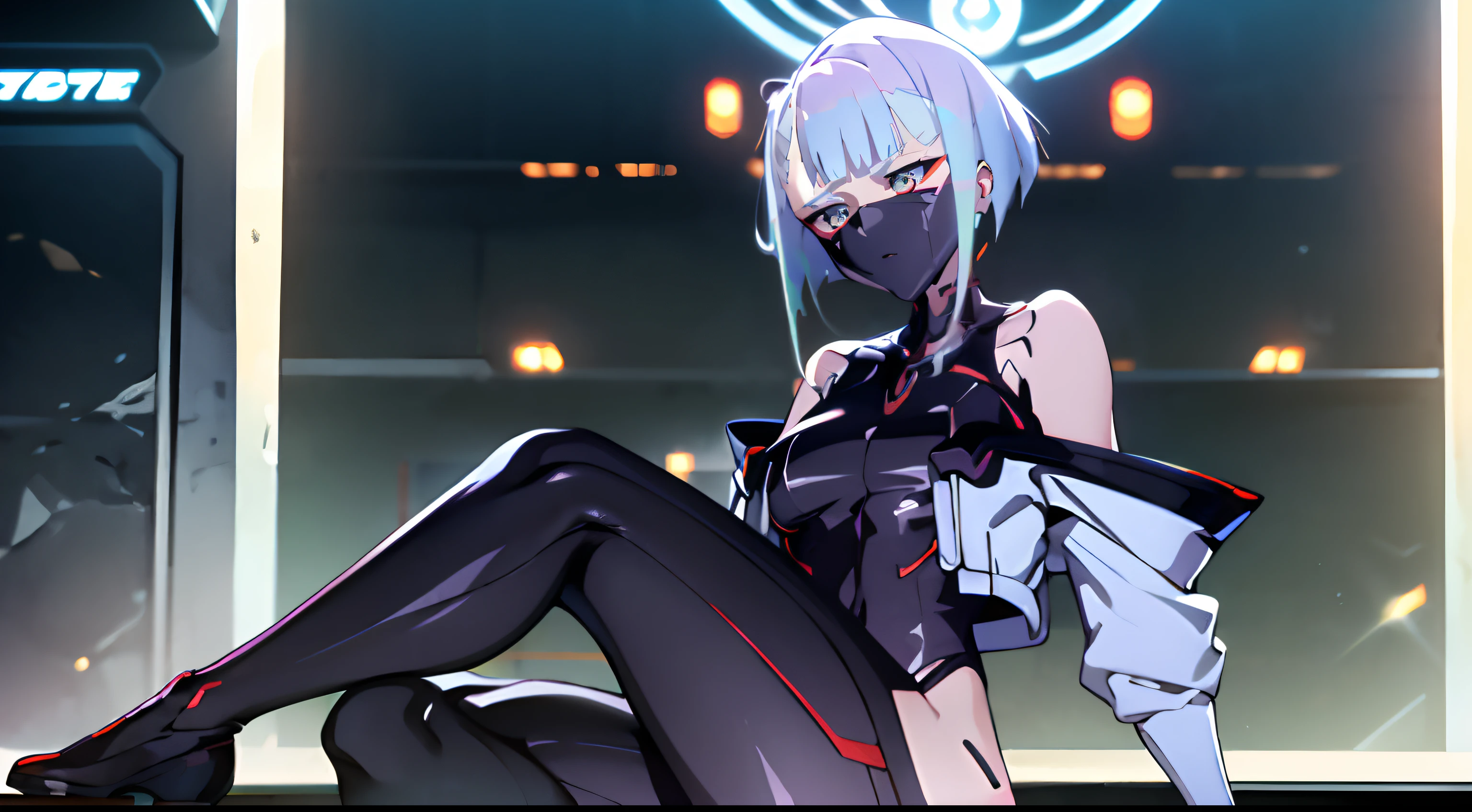 photo portrait, Sits, sits with his knees tucked up to his chest, Beautiful figure, Lucy from the anime series Cyberpunk Edge Runner, a 1girl, facing the viewer, Beautiful figure (Proper Anatopy 1.1.), in full height (Body Full 1.1), Slim, Slender figure, Slender figure, shapely legs, Anime style, white colored hair, white colored hair, that disappear at the ends, Bob hairstyle, short white jacket, tight black suit, Cutouts on the shoulders, Cutouts on the chest, Neckline at the waist, Skinny black leather pants, Very detailed face, Very beautiful face, Very sexy ass, in full height (Body Full 1.1), Tall android girl, small elastic breasts, Little ass, Glitter Head Mask, Hair is gathered in a braid, Beautiful slim figure, small buttocks, A braid around the head, Round braid, Red Star in the Forehead, Short Brown Jacket, black tight suit, darkly,gris & Dark Style:1.1), Light, femininity,tmasterpiece,beste-Qualit,higly detailed,Visible to the feet, 8K resolution, High Sharp, 8K resolution, higly detailed, 8K UHD, Professional lighting, Photon mapping,physical based rendering, a perfect face, detailed face and body, ray traced, expressive look, Cinmatic Lighting,elastic small breasts, Heightened sexuality,