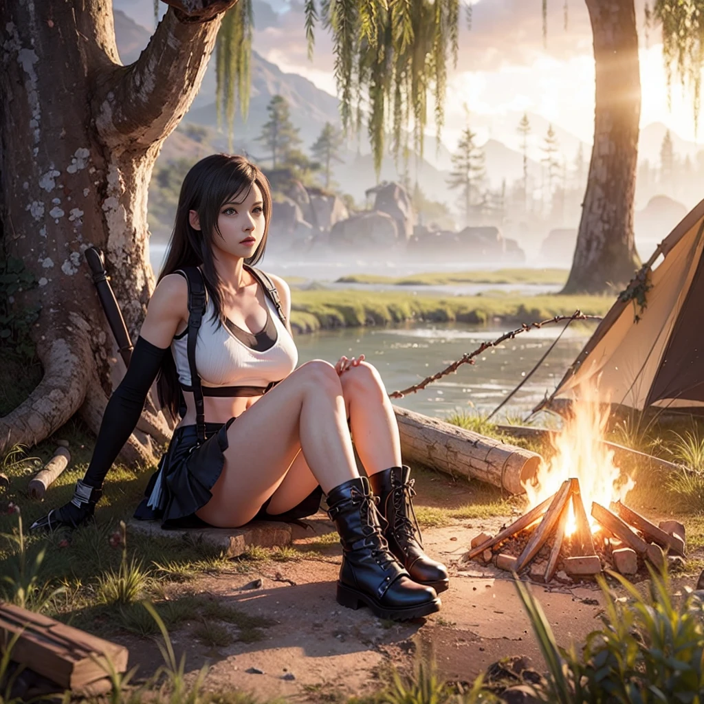 Tifa Lockhart, usando regata branca, Wearing black mini skirt with suspenders, usando bota preta, expression serious