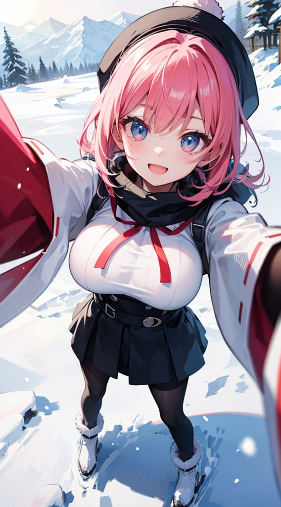 ((Ultra-detailed)), (top-quality),((masutepiece)), ((Super exciting)), ((8K)), ((extremely clear)), ((Very sophisticated)), ((Photography)), (Anime quality), (2D), portrait of a full body、japanaese girl, a baby face, Pink hair, Short ponytail, Hair Ribbon, Ahoge, drooping eyes, Blue eyes, Clear eyes, long eyelashes, Thin eyebrows, Beautiful breasts, a smile、Opening Mouth、Ski Resort Background、Skin that has risen、Pink Ski Wear、Long black tights、knit hat、neck warmer、gloves、dynamic angle, Snow goggles、White sigh、Snow boots, Clear Body、Clear eyes、View Viewer、Light shines in, natural skin texture、Dancing Snow、is standing、wave her hand、Emphasize the face、look from above、detailed face depiction、selfie, upper light, shiny-glistening、gleaming,