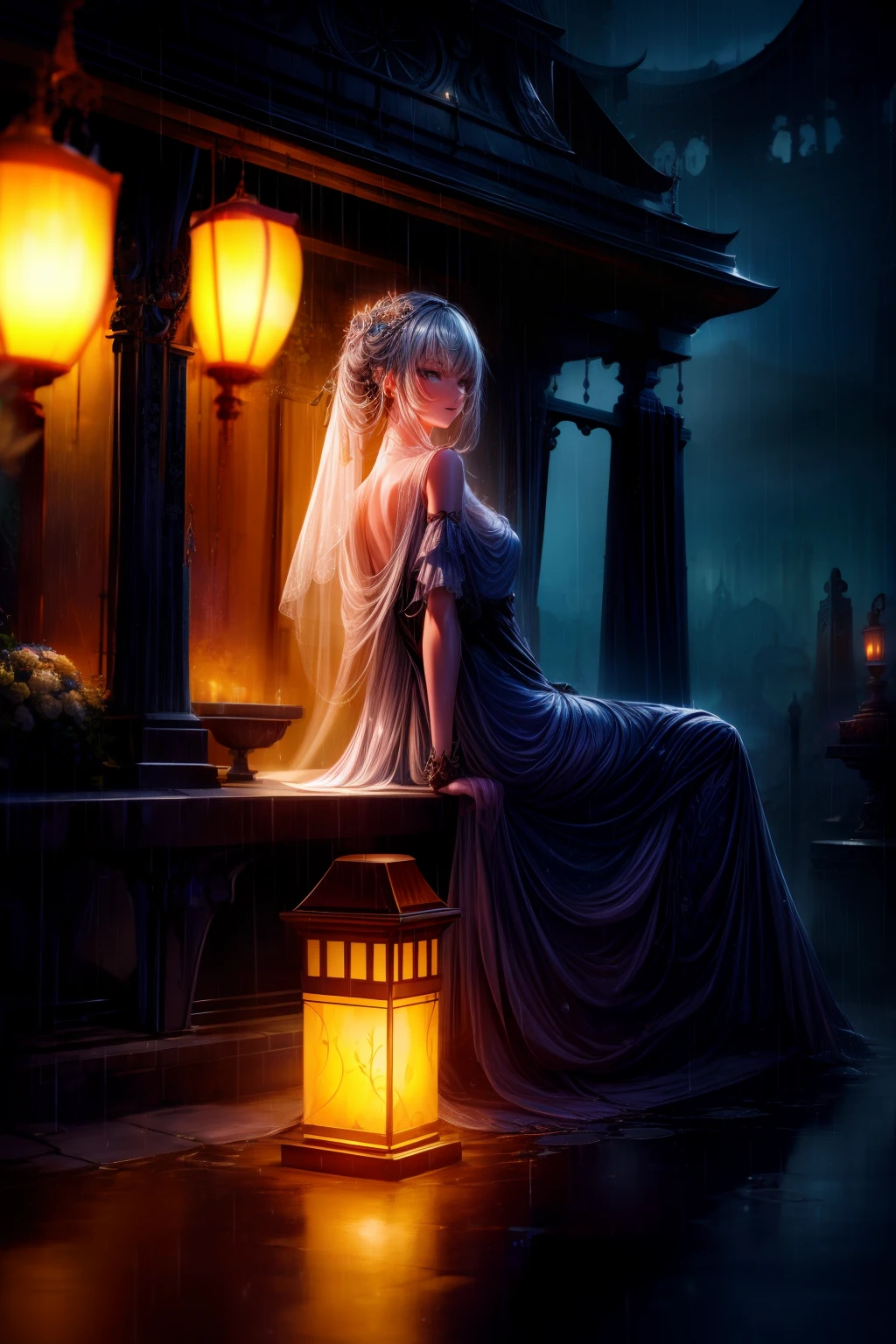 (Extremely detailed Cg Unity 8K wallpaper), Beautiful young woman in the rain, dress, Sitting, Cemetery with lanterns, Style-Empire, (Style-Glass), (((surrealism))), full_Body_Shot, Dramatic, The light from the back window is backlighted, Light rays, voluminetric lighting, Detailed face, Highly detailed, Painting