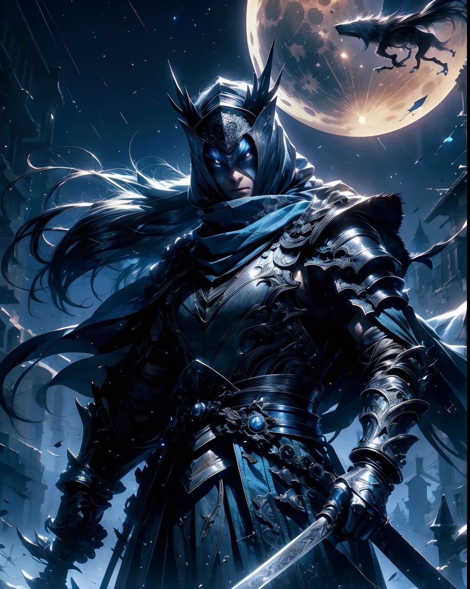Blue samurai, ghost, walking with a wolfin a haunted village, night sky, full moon, realistic, Full HD, best quality