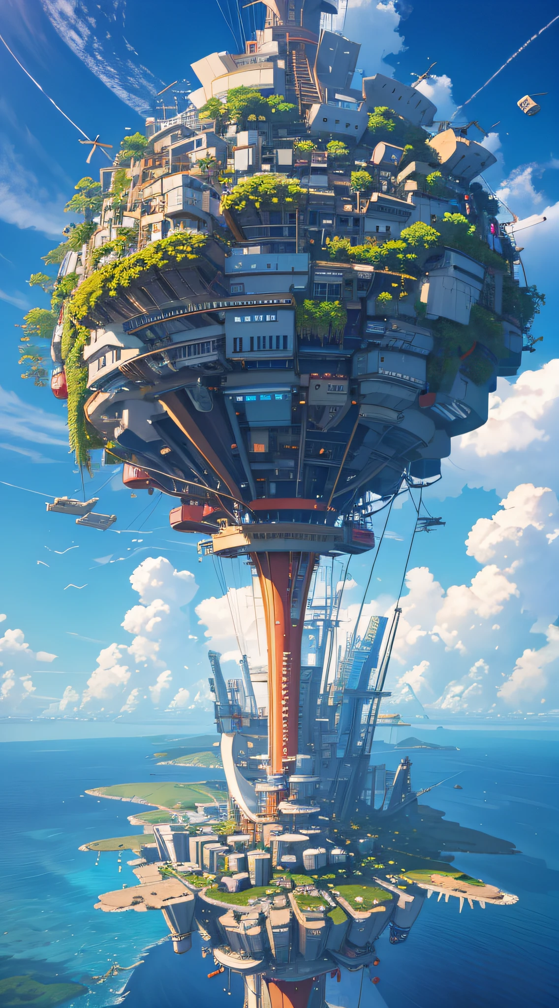Many islands suspended in the sky, many blimps flying around, city, fantasy, magical plant growth, extreme detail, realistic light, epic composition, (complex detail), (complex design, ultra detail: 1.2) , Art Station, (Masterpiece, Best Quality), Ultra HD, Cyberpunk --v 6
