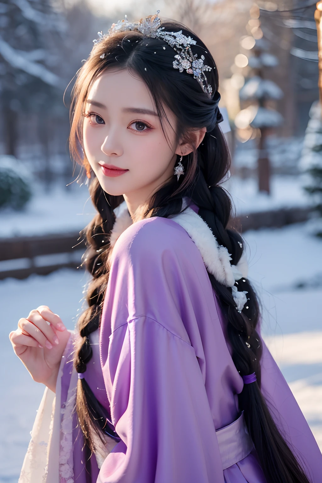 Bright purple robes, Hanfu long skirt, Big eyes, Masterpiece absolute beauty, 1 woman, Close-up. Close-up, A healing smile, Snow scene, 4k picture quality, Twisted braids, Princess hairstyle, Princess cut, Simple hair accessories, clubs, People can't forget when they see beauty，long leges，Shyness blush