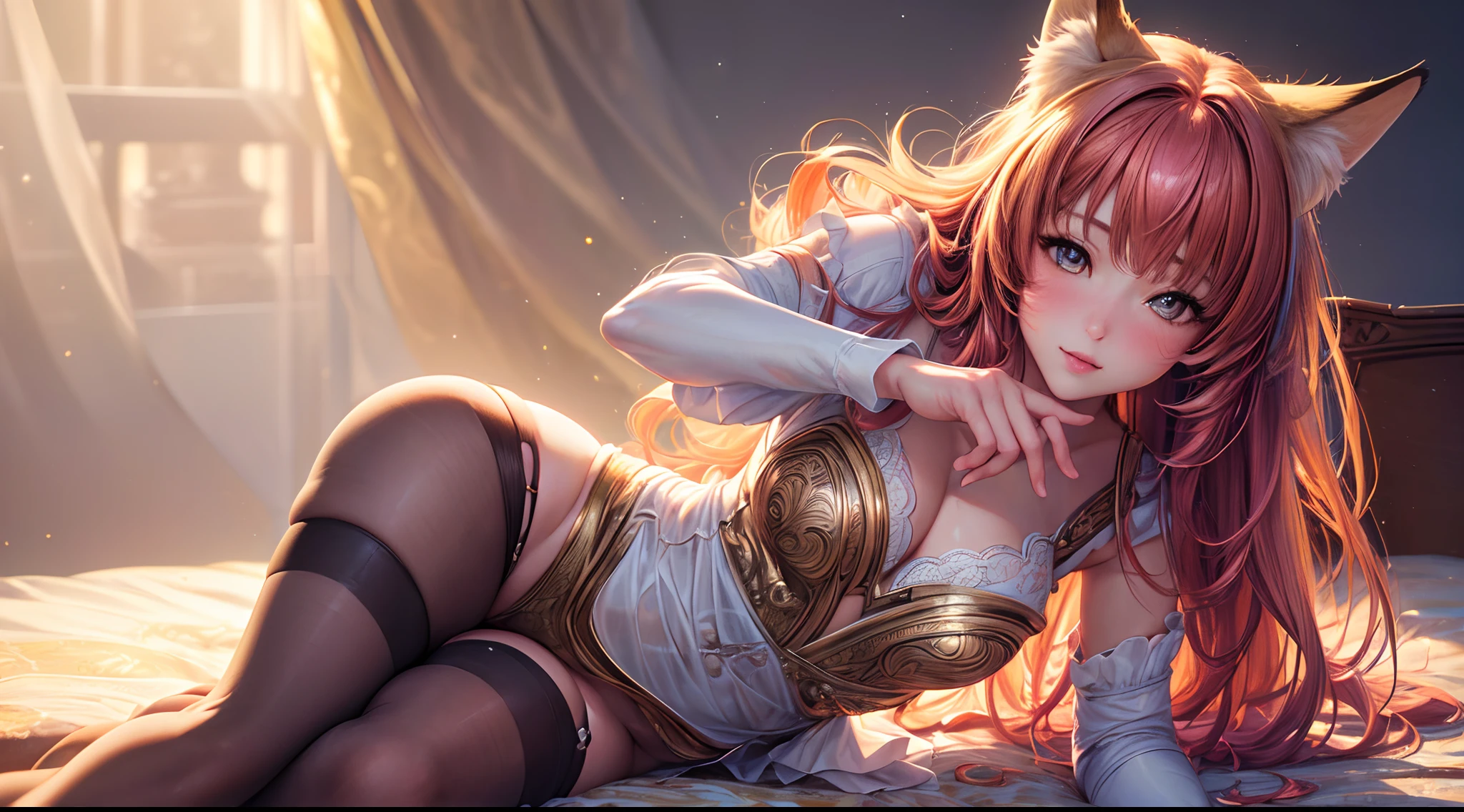 (best quality,32k resolution,highres,masterpiece:1.2),ultra-detailed,(realistic,photorealistic,photo-realistic:1.37),beautiful anthropomorphic fox as the girl next door, detailed face, light blush, thigh-highs, tight-fitting, amazing happy dreamer, full body portrait, crouched leaning back, vibrant colors, warm lighting