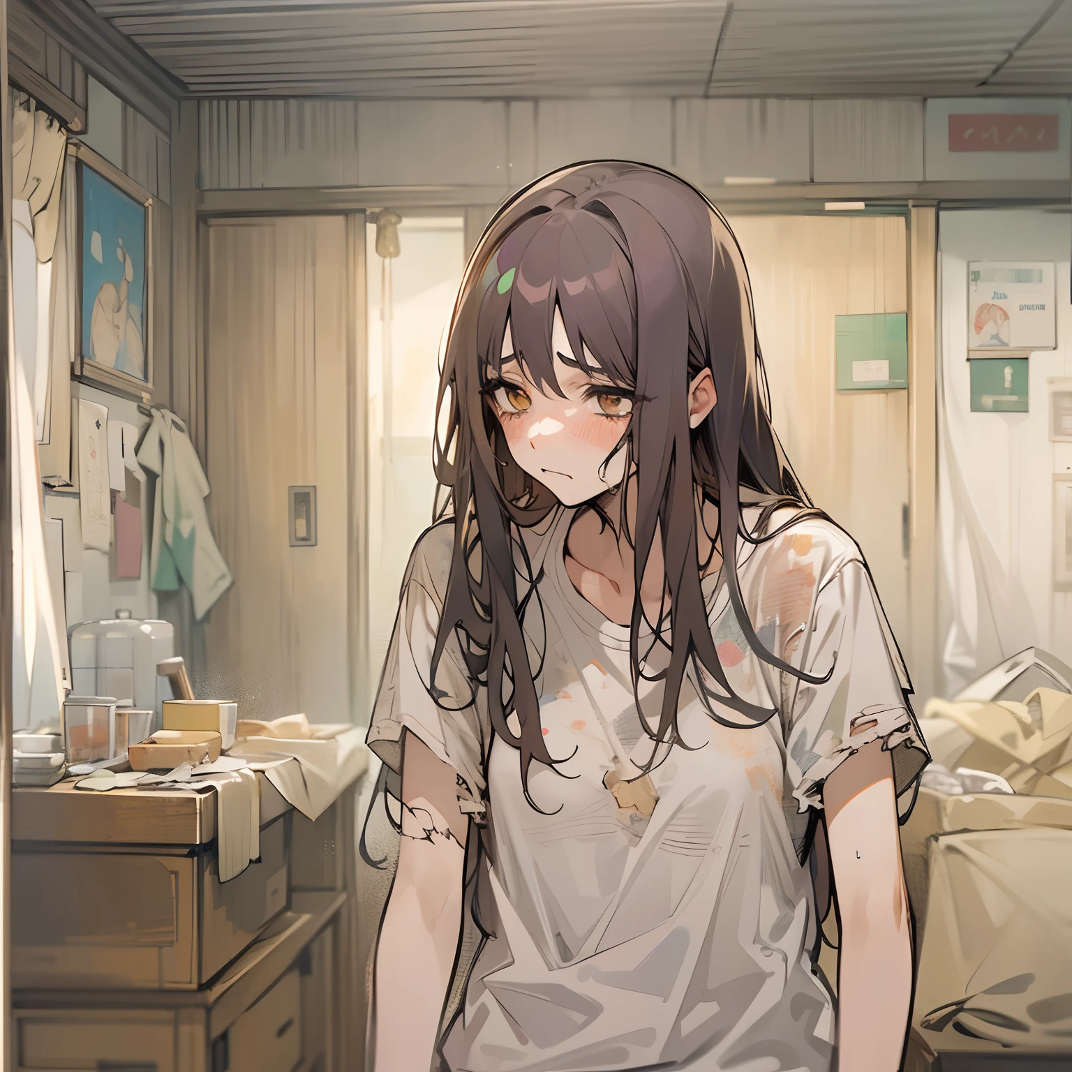 masterpiece、top-quality、(brown colored long hair:1.1)、20-year-old yellow-eyed woman、japanese comic book、Large pink T-shirt、Exposed skin a lot、Clothes are torn to tatters、being thin、(small tits:1.1)、(Depressed and sad look:1.3)、(Close-up of the subject's face:1.3)、The background is a room in an apartment、Bold composition、Upper body is shown、Alone、