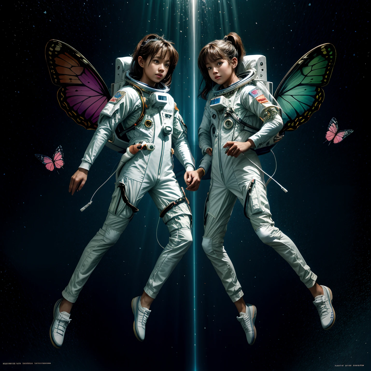 flying butterflies and female astronauts, full body shot