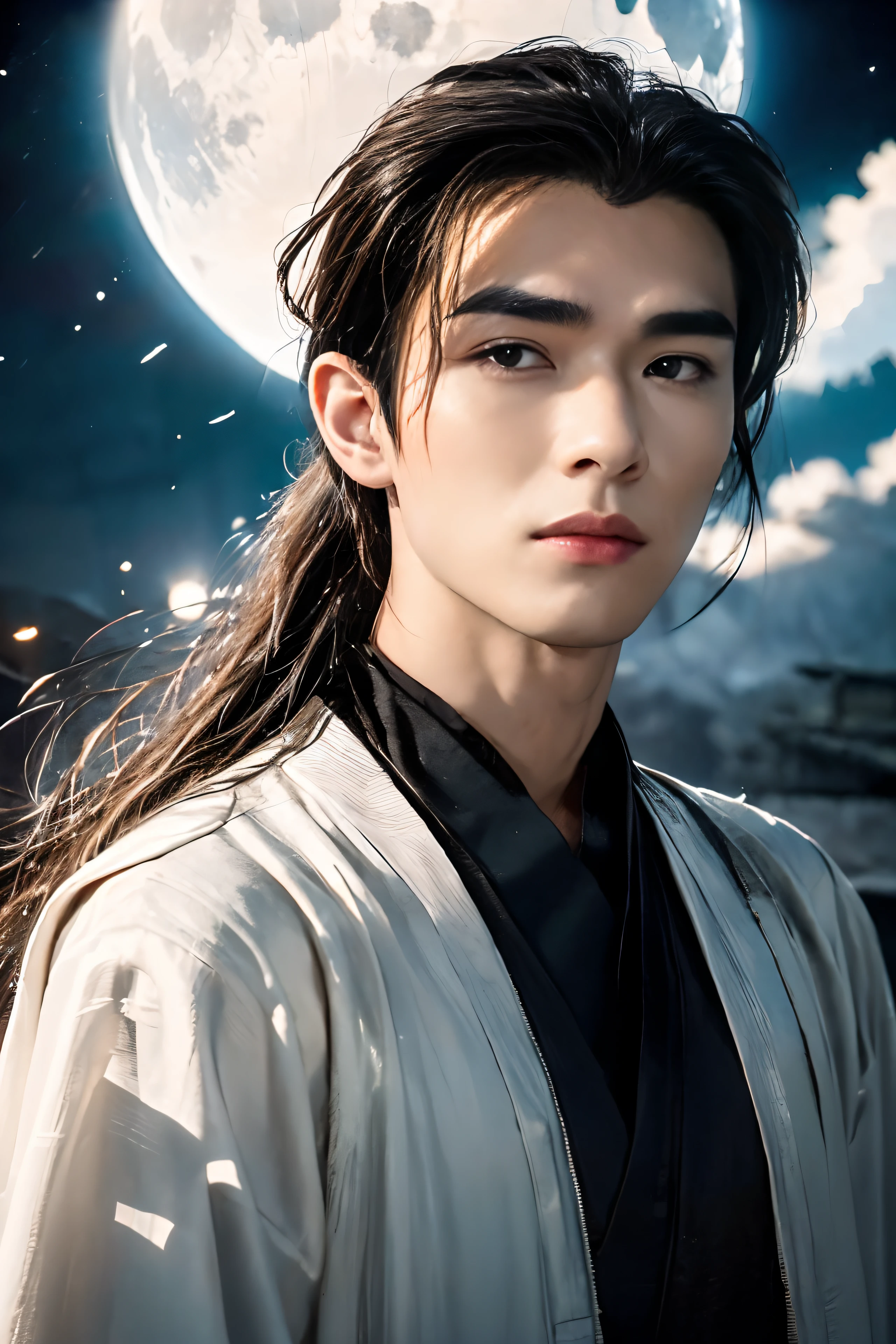 A 21-year-old Asian man，Thick eyebrows，Melon seed face，Handsome face，Men's full body ，A transparent streamer is tied to the body and flutters in the wind，mountain in background, Time is night。Deep blue sky，A full moon，his skin is fair，He is slender,  The limbs have pronounced muscle lines，high-definition photography，Real-world scenarios，Lots of detail, wearing black long coat, black long pants, black turtleneck shirt, lightning, magic, messy long hair, ponytail, looking at viewer, devilish gaze at viewer, cool and seductive, standing on the top of the mountain, wind blowing, gold dragon shape headpiece