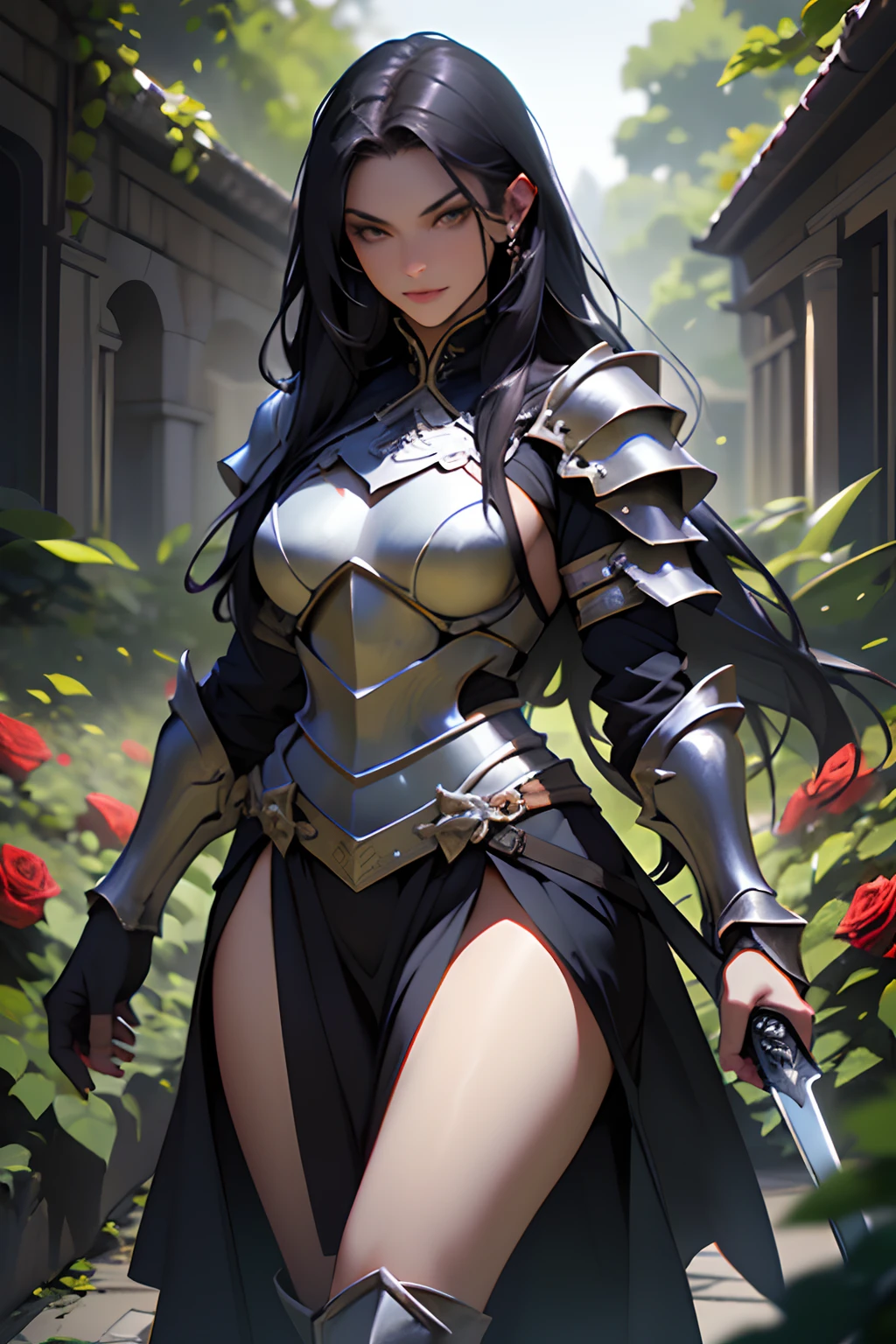 Best Quality, Masterpiece, The ultra-Highres,detailed background,realisitic,Solo,femele,mature,mature women,Dark green long hair, Straight hair, assassin,knight,rozen,Green Bull,poison\(theme\),dark fantasy,evil,Armor of Darkness,Depth of field, Background rose garden, Whip Sword