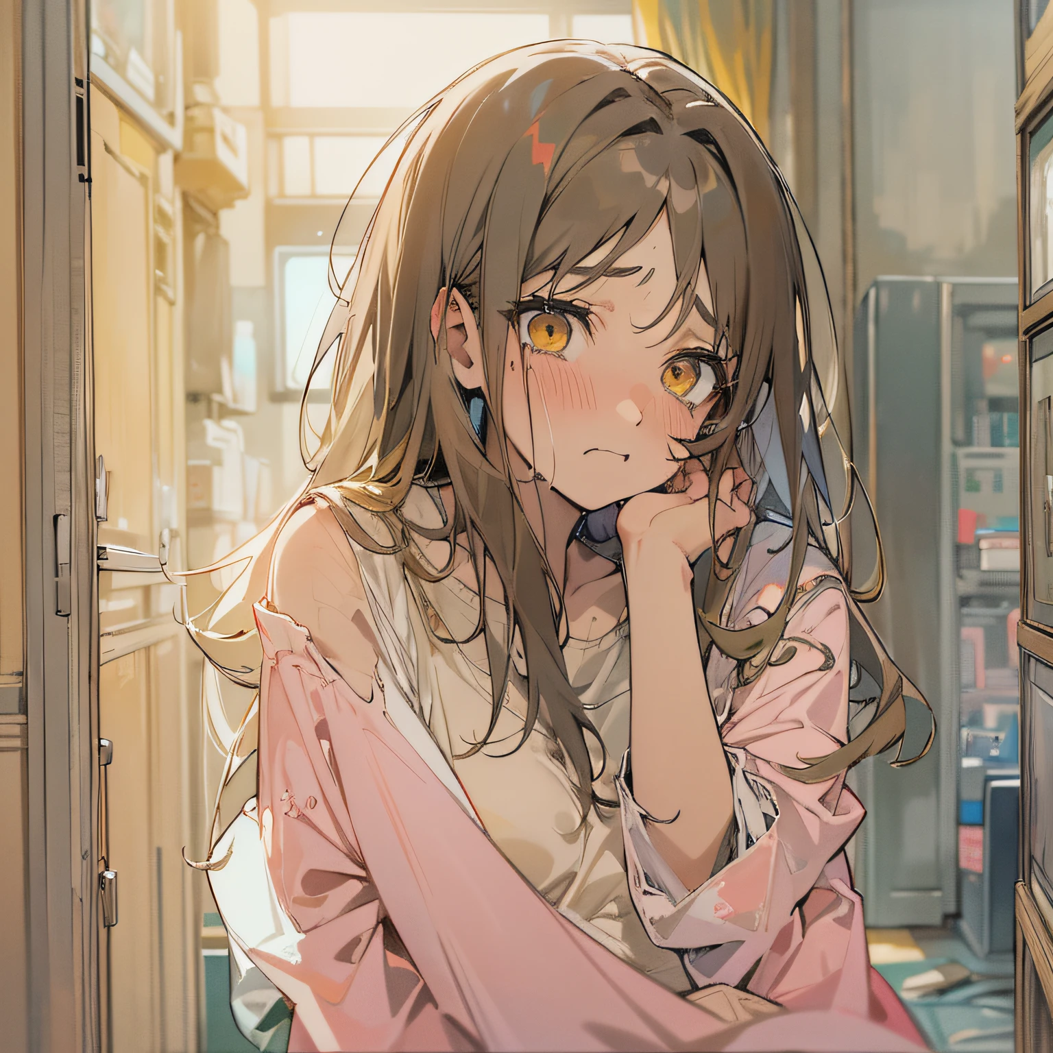 masterpiece、top-quality、(brown colored long hair:1.1)、20-year-old yellow-eyed woman、japanese comic book、Large pink T-shirt、Exposed skin a lot、Clothes are torn to tatters、being thin、(small tits:1.1)、(Depressed and sad look:1.3)、(Close-up of the subject's face:1.3)、The background is a room in an apartment、Bold composition、Upper body is shown、Alone、