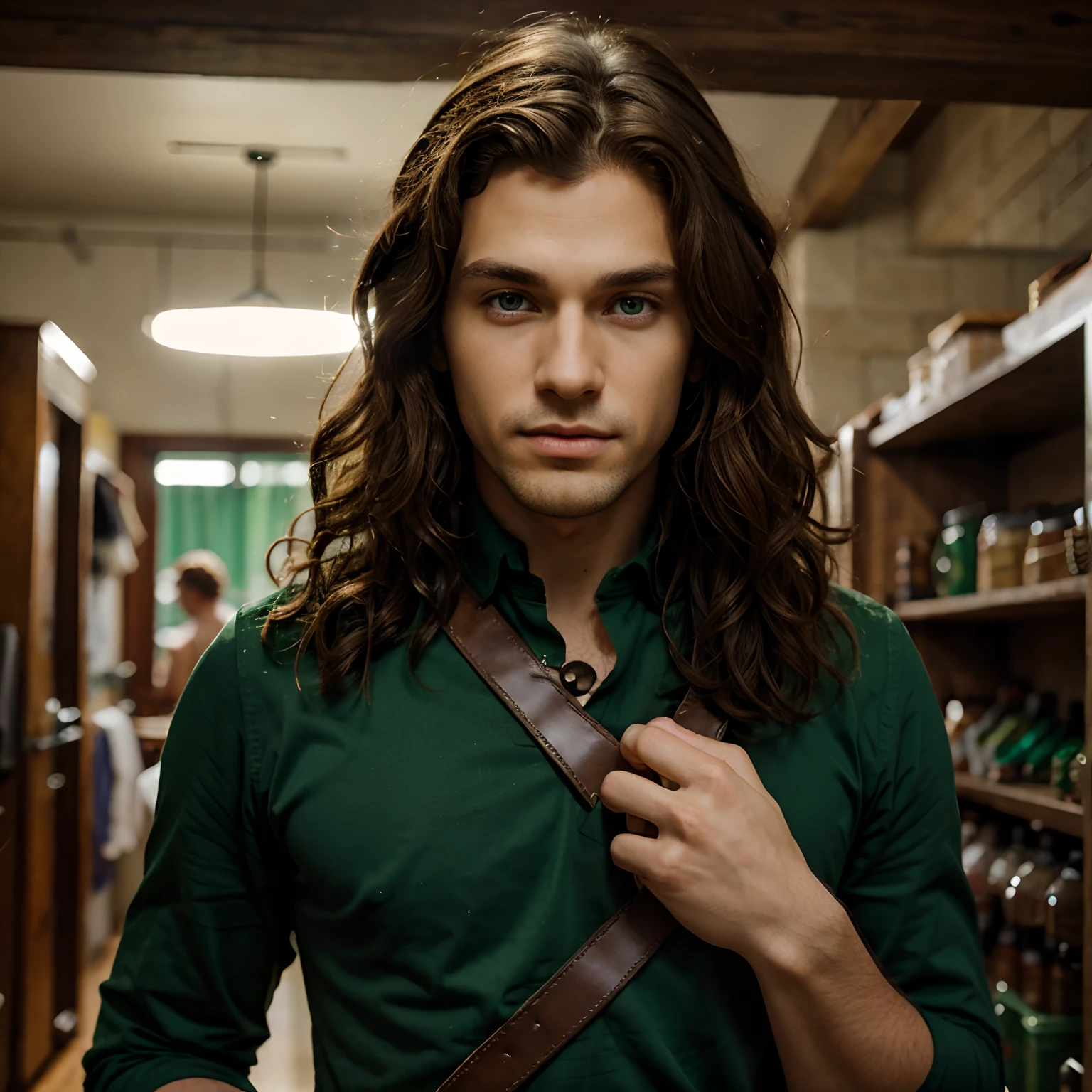A half elf man with brown curly hair and green eyes