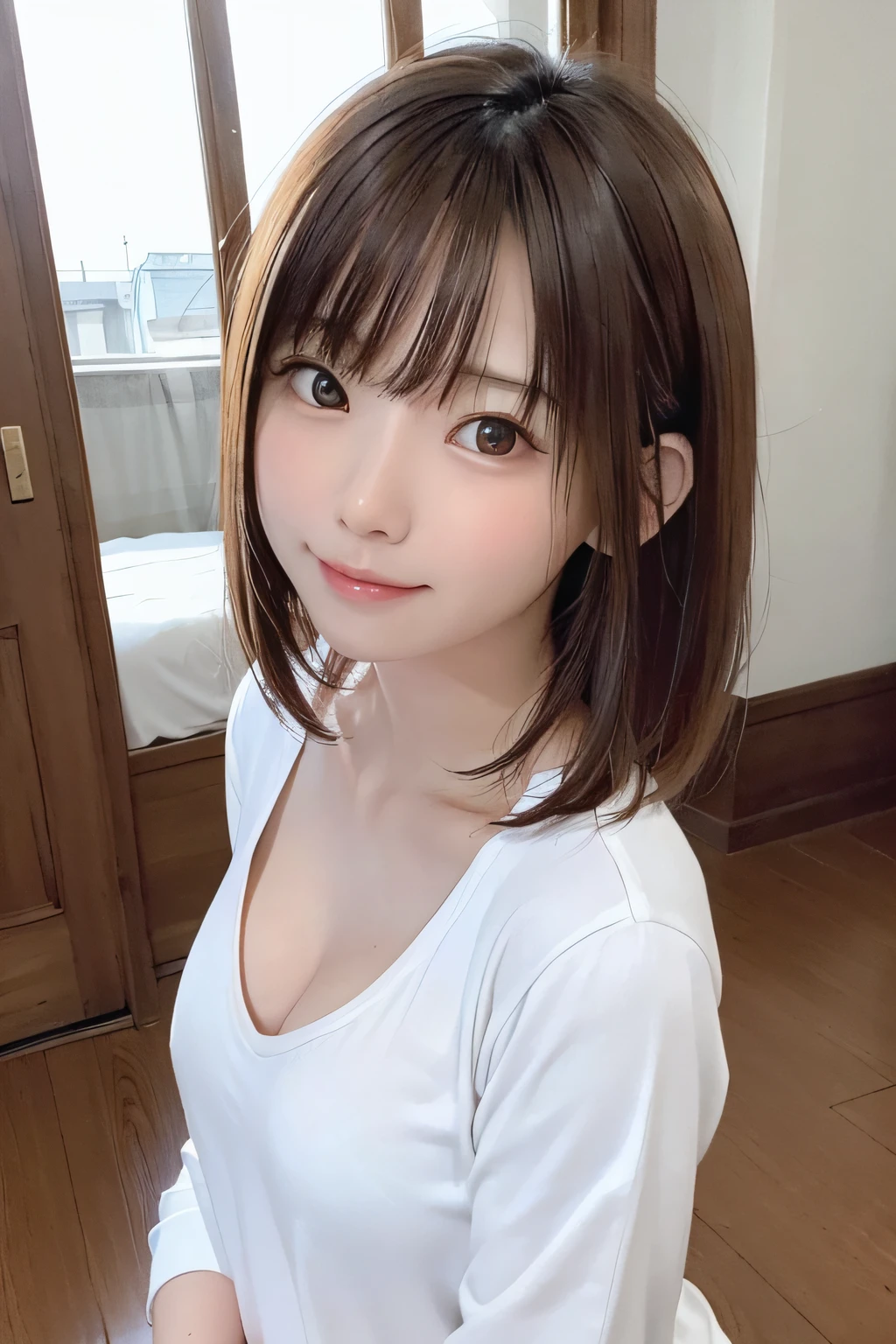 (top-quality、​masterpiece)、White background、blurry backround、1girl in、a beauty girl、small tits、Shyness、red blush、超A high resolution、Beautie、cute little、独奏、A Japanese Lady。、hi-school girl、A smile。Beautiful young woman model。bright expression、photorealisim、Extraordinary beautiful girl、beautiful expression、(pureerosface)、Glowing white shiny skin、Light Brown Straight Hair、finer hair、Attractive beautiful brown eyes、Double eyelids、small tits、fashionGirl。Wears a white shirt。Close-up portrait。Healthy face。Skin Care Cosmetics、profetional lighting, depth of fields、model shoot tyle,