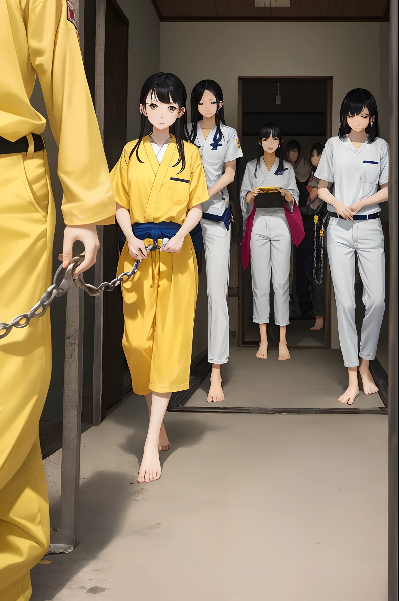 4 beautiful Japanese prisoners in yellow prison clothes，Yellow women's prisoner trousers，A beautiful Japanese prisoner with no shoes and bare feet and shackles，anime，Japan Beauty Criminal，Yellow prison clothes，Yellow long prisoner trousers，femele，weeping，bare-legged，Pretty beautiful prisoner，Japanese anime，4-person women's cell，Beautiful prisoner barefoot in shackles